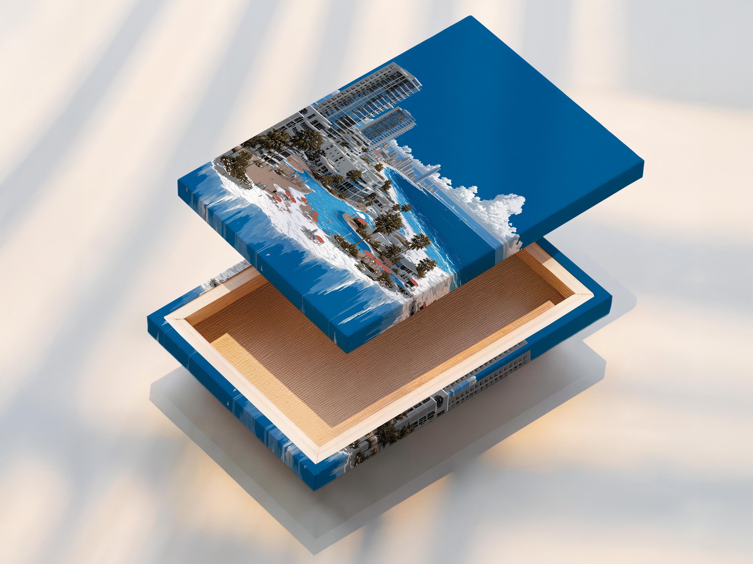 Room mockup showing a framed panoramic coastal cityscape artwork with turquoise ocean and blue sky