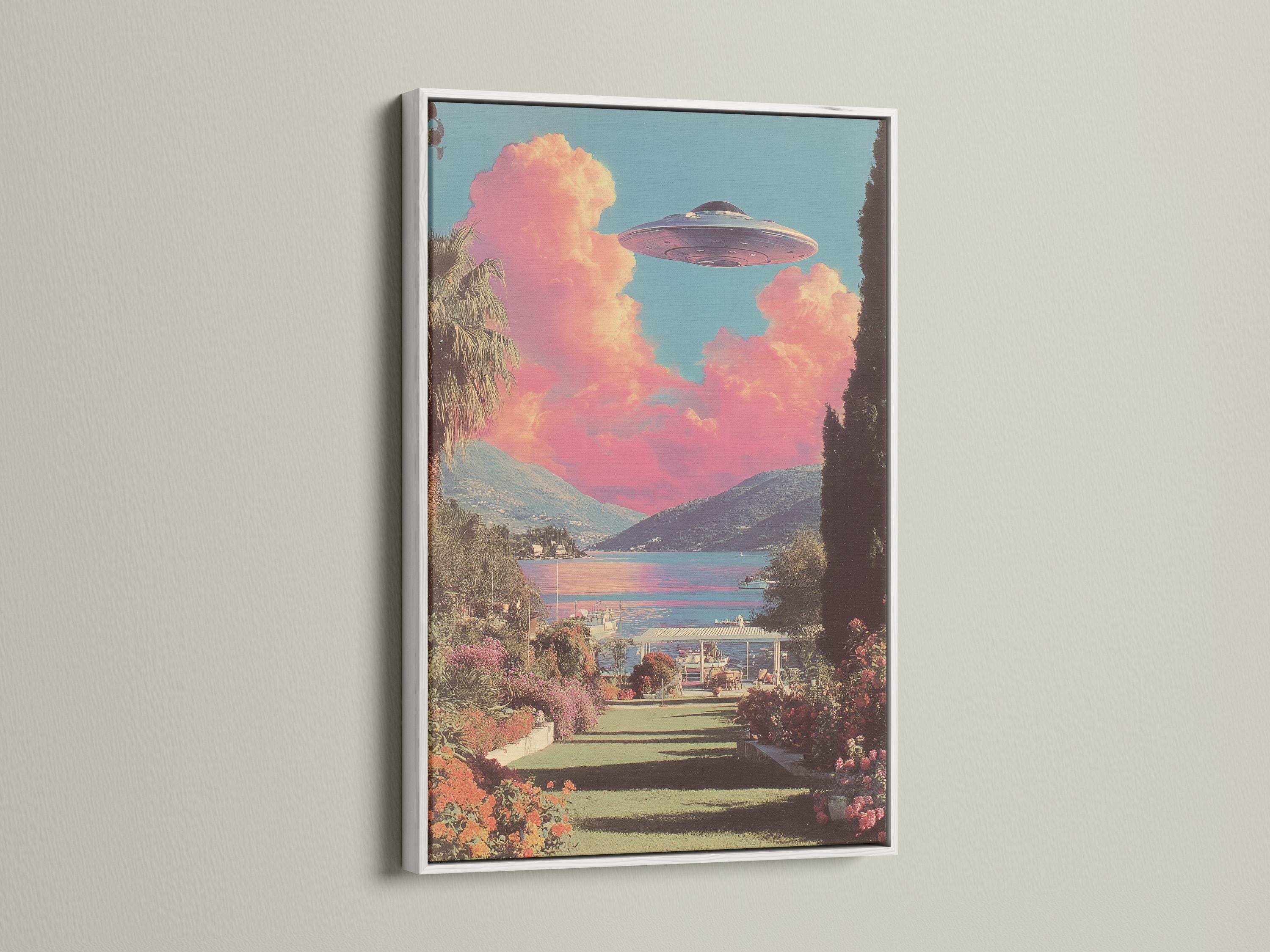 Wall mockup featuring a retro sci-fi UFO lake landscape