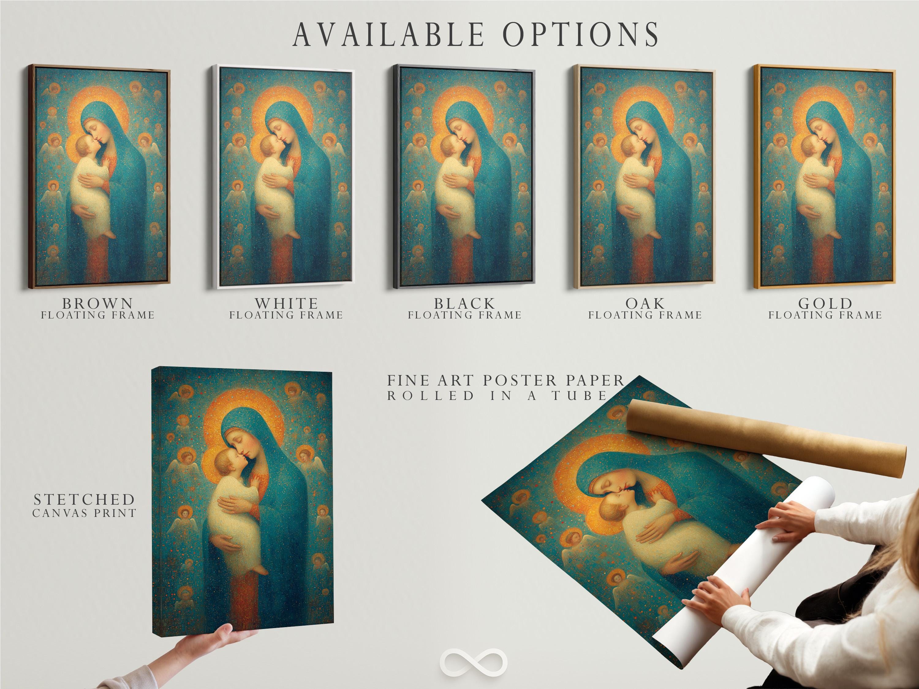 Religious painting of a haloed woman holding a haloed child against a teal and gold speckled background detail view