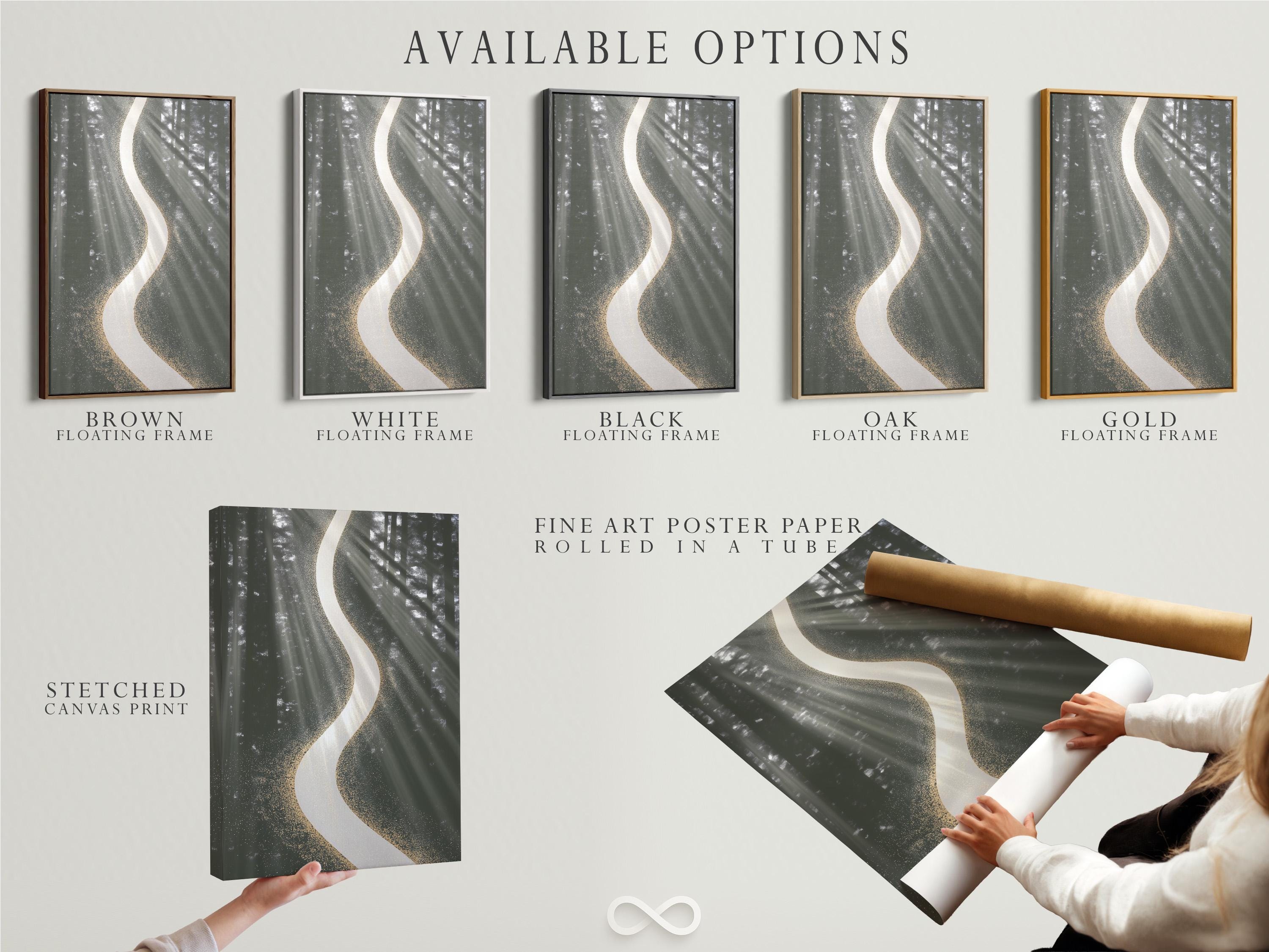 Abstract charcoal grey forest background with a large white curved ribbon and gold speckles detail view