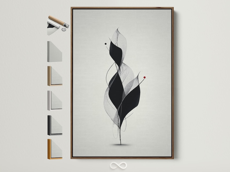 Monochrome abstract flower line art with layered black petals, fine curves and a small red dot