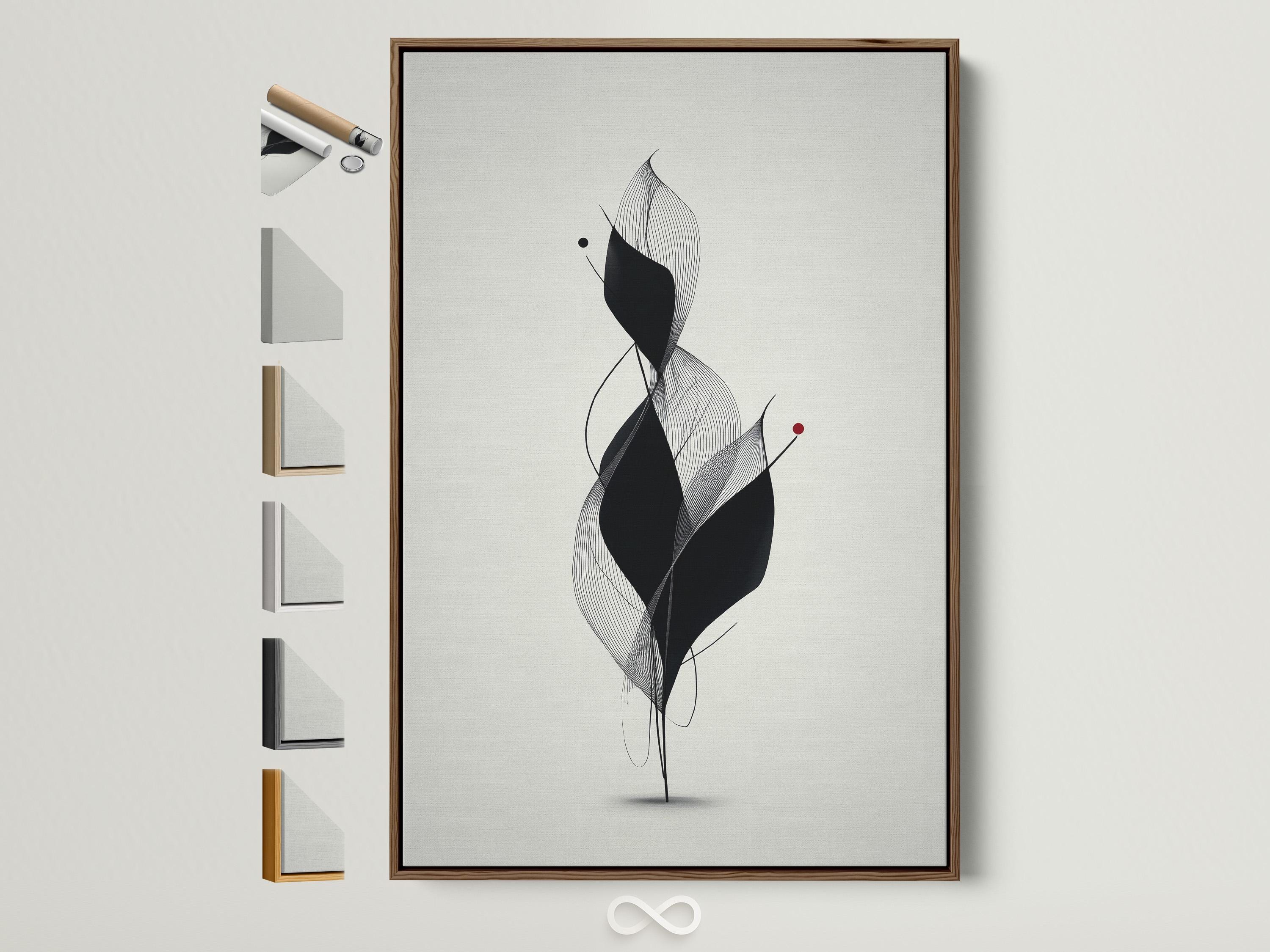 Monochrome abstract flower line art with layered black petals, fine curves and a small red dot