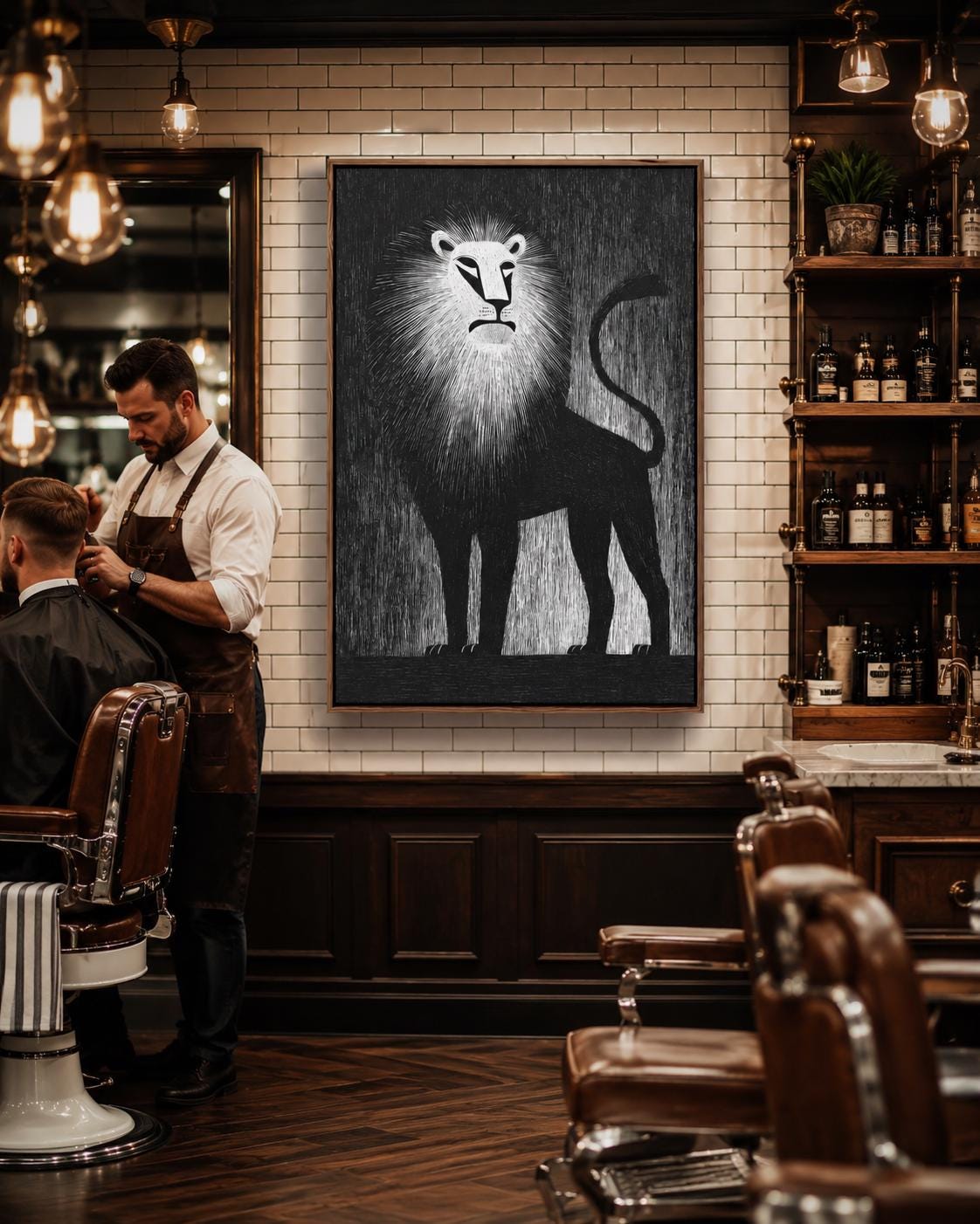 A person standing beside a framed black and white lion artwork in a modern interior