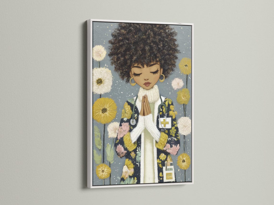 A stylised portrait of a praying woman appears in front of grey-blue flowers and gold sparkles, with closed eyes and hands held together detail view