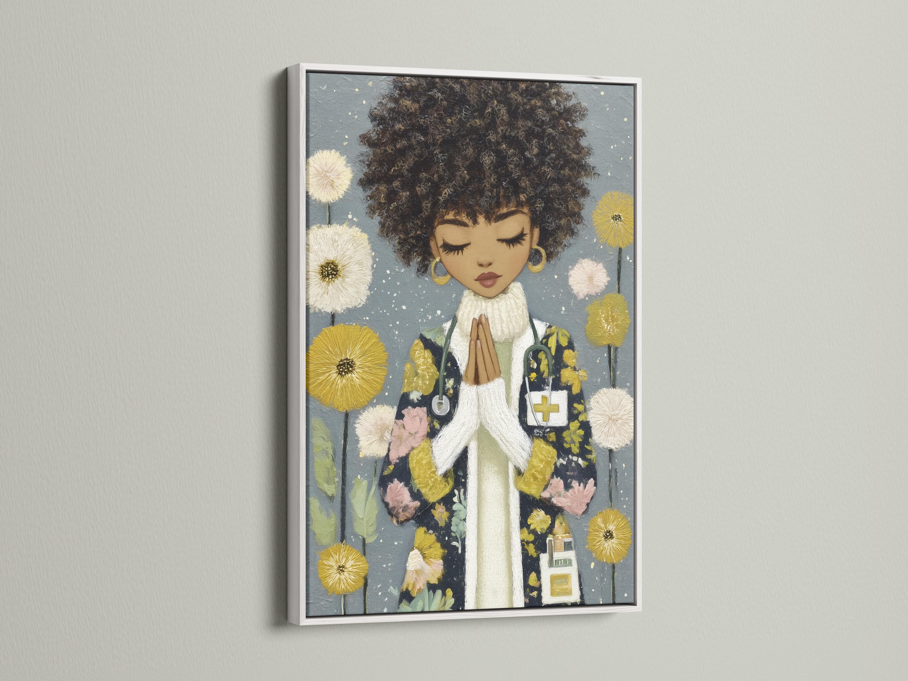 A stylised portrait of a praying woman appears in front of grey-blue flowers and gold sparkles, with closed eyes and hands held together detail view