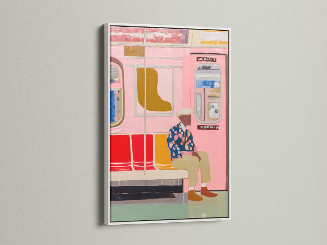 Room mockup showing framed urban subway artwork and colour swatch thumbnails