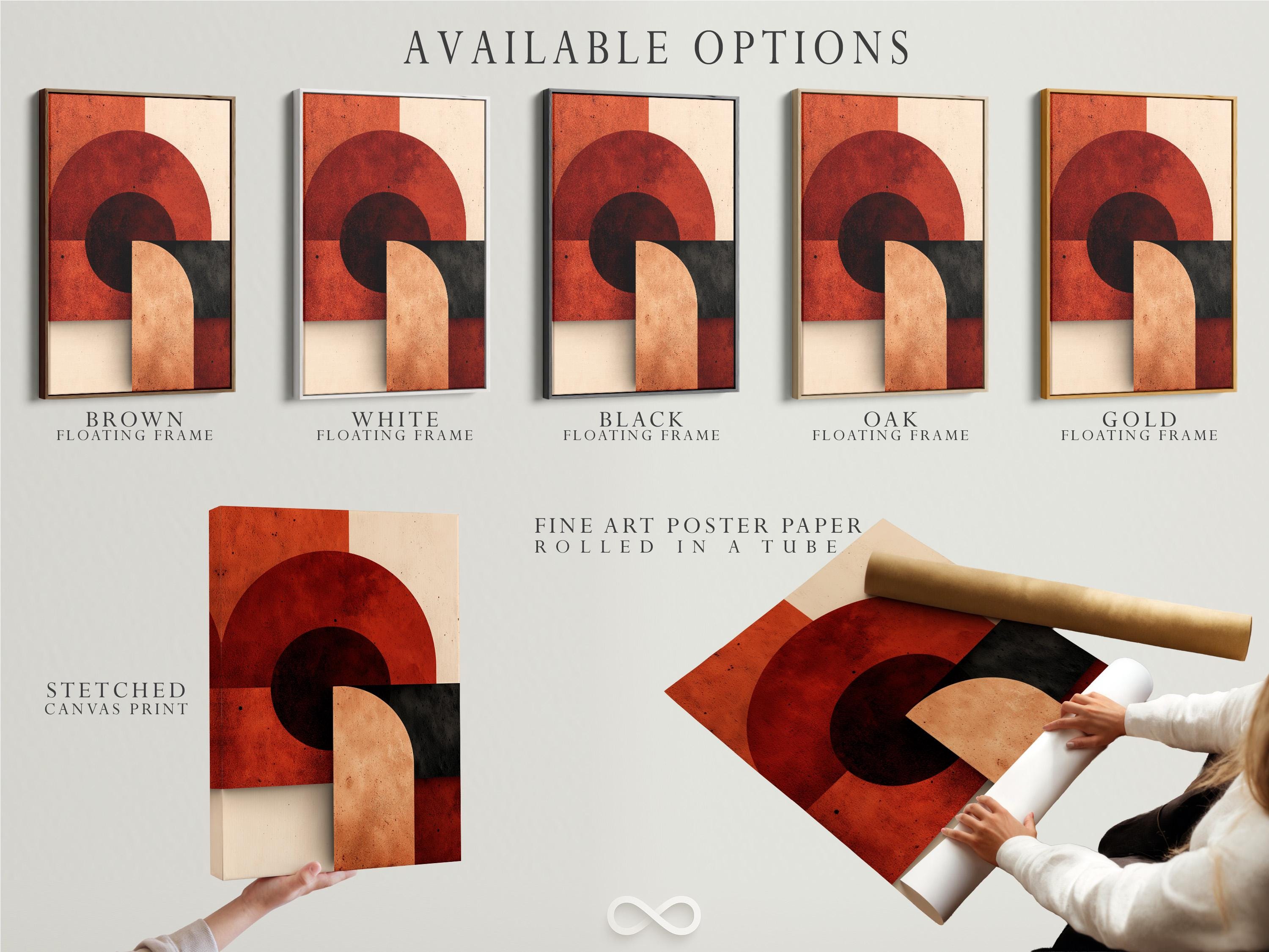 Abstract geometric artwork in a framed setup with rust red, beige and charcoal circles