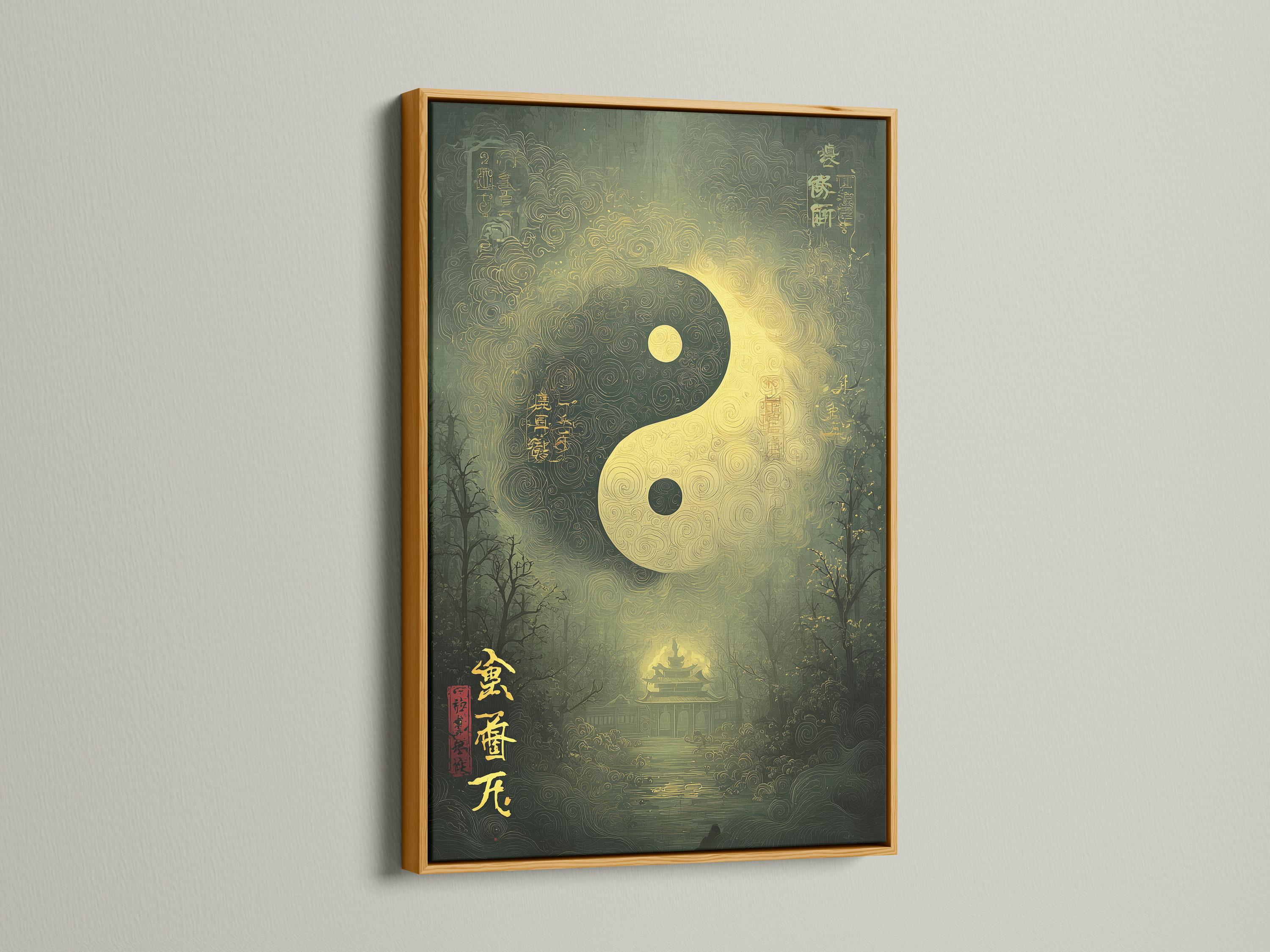 Green and gold yin-yang symbol with swirling patterns over a misty forest background detail view