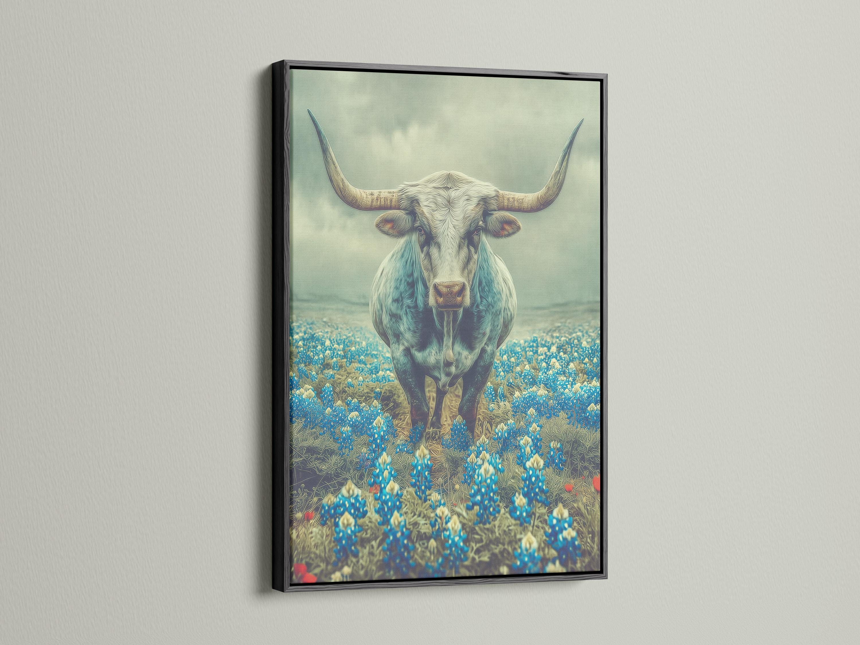 Longhorn bull standing in a blue flower field with a pale green-blue sky detail view