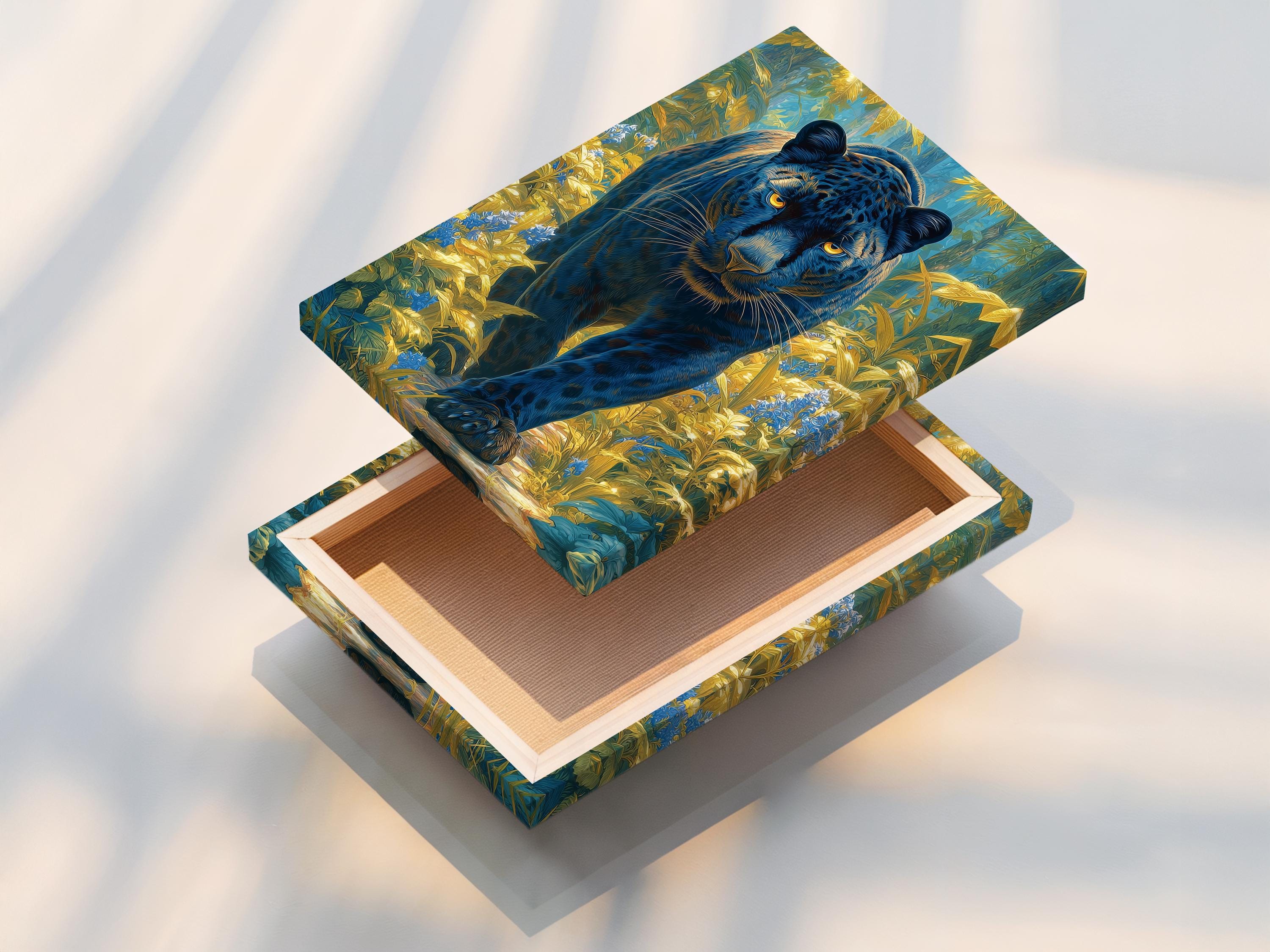 Stylised big cat with glowing golden eyes in a blue and gold jungle scene detail view