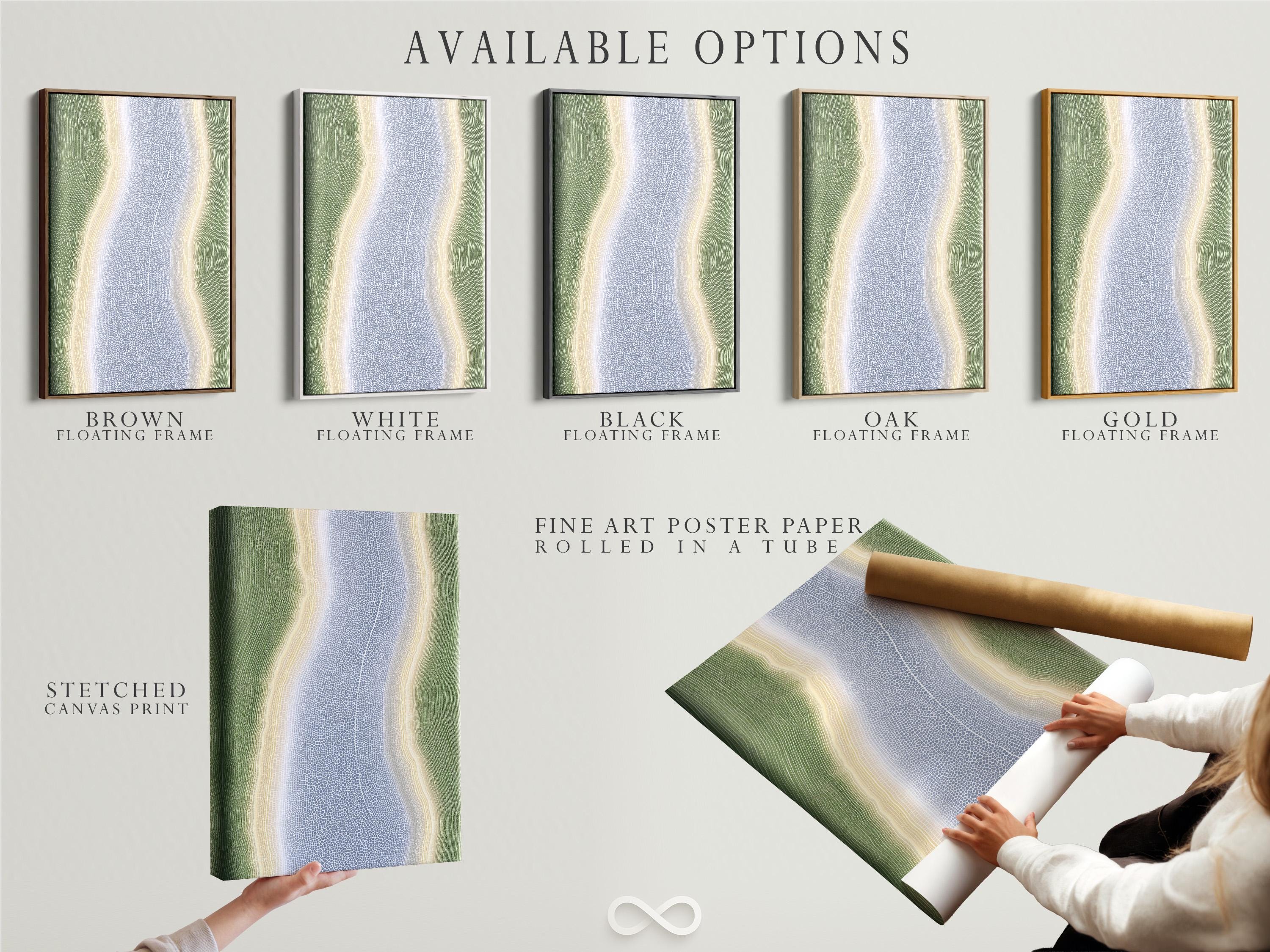 Abstract river-like artwork with sage-green contours and a speckled muted-blue textured centre detail view