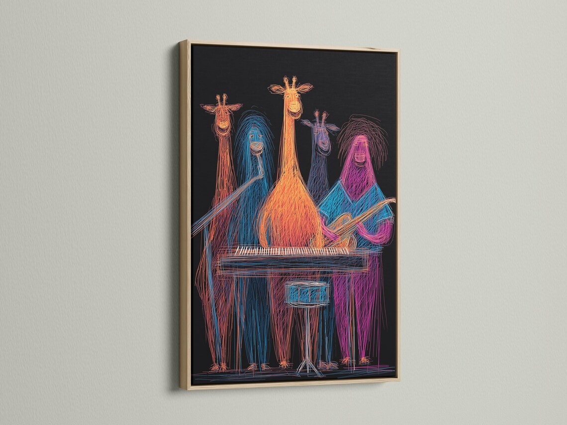 Neon line drawing of four giraffes grouped around a keyboard, on a dark background detail view