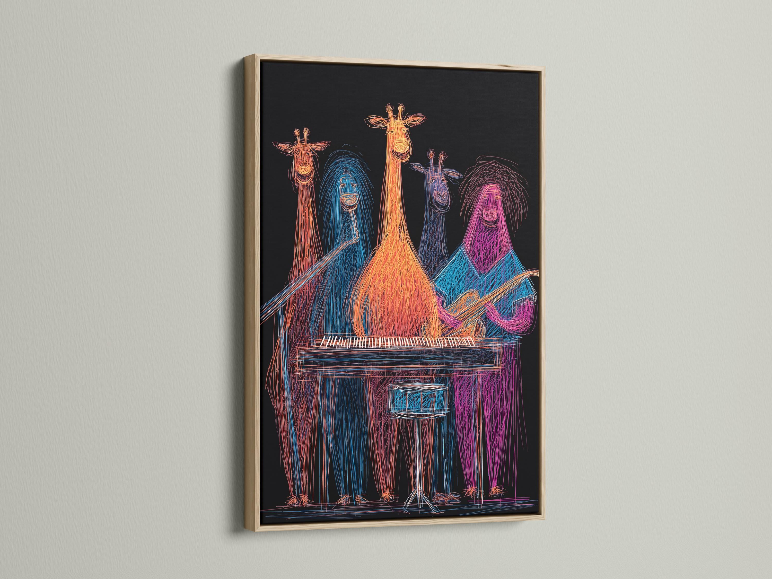 Neon line drawing of four giraffes grouped around a keyboard, on a dark background detail view