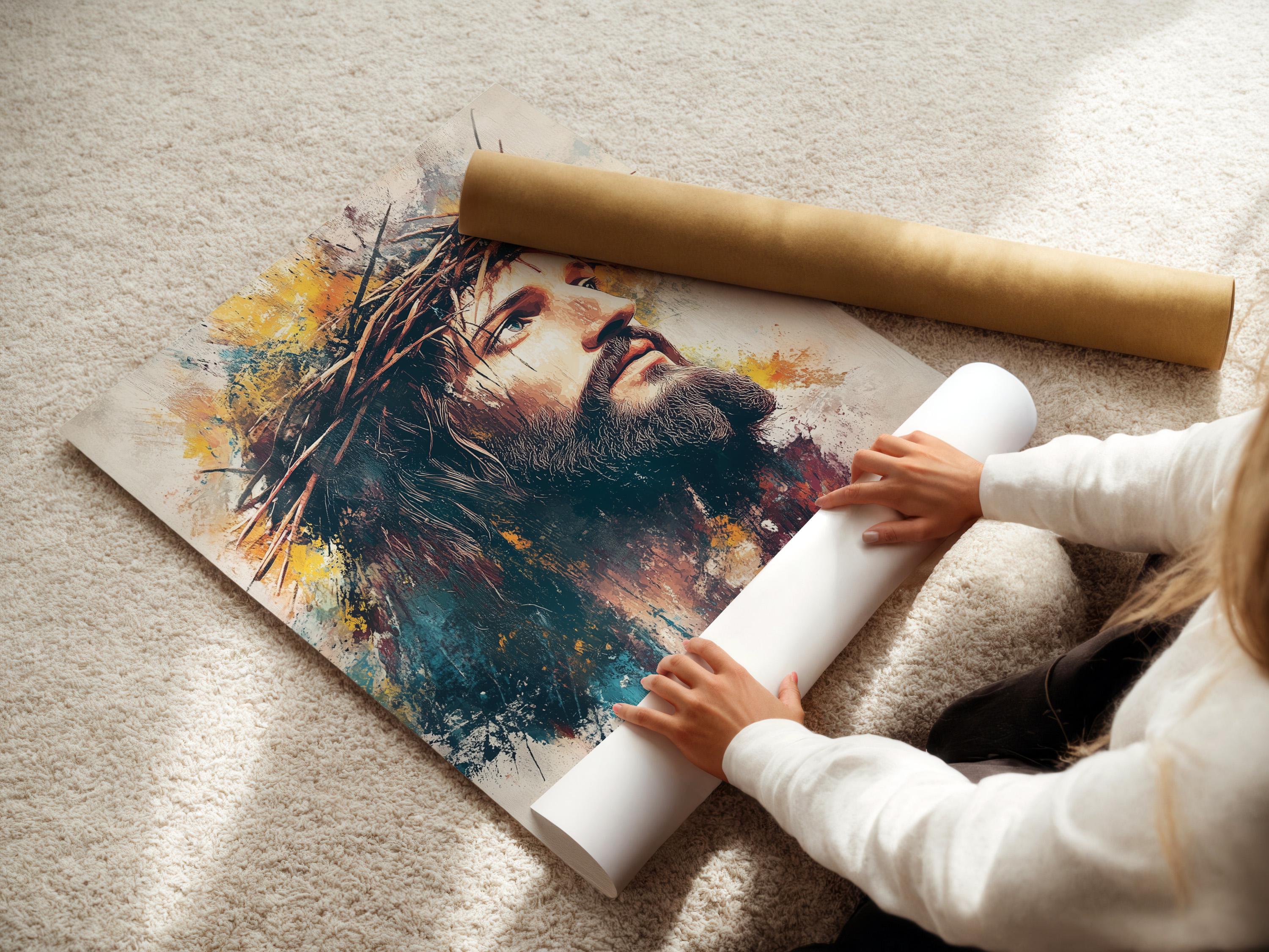 Side-profile Jesus portrait with textured teal, ochre and muted red over an ivory background detail view