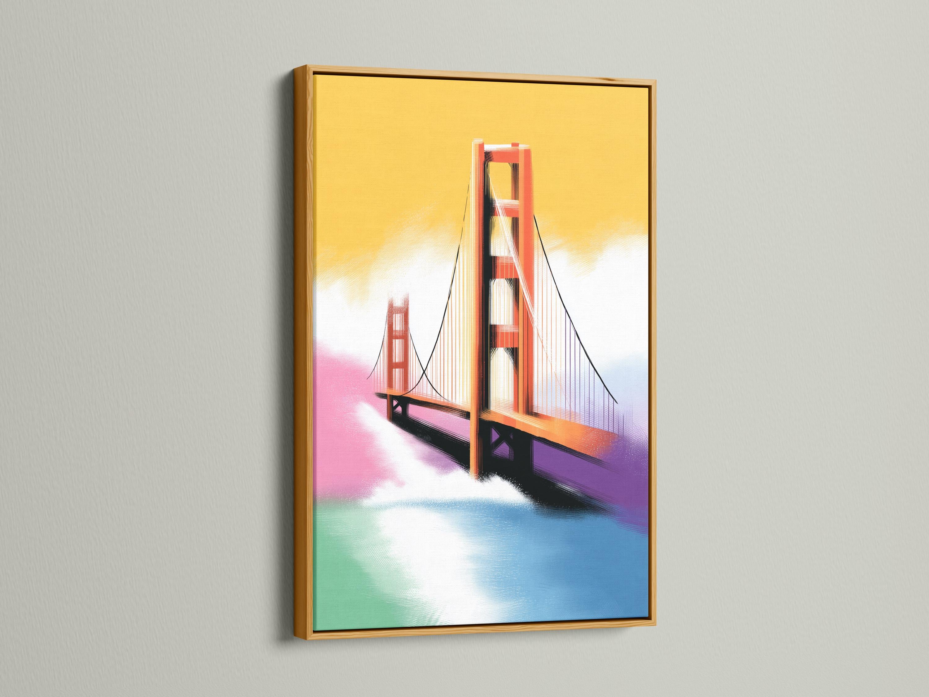 Bridge artwork in a framed display on a light background, with small colour swatches shown around it