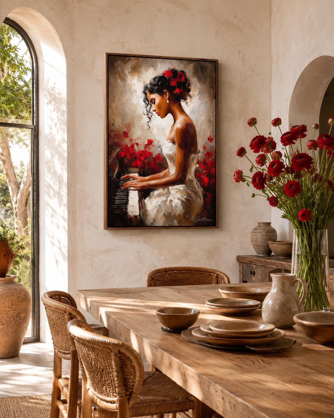 A framed artwork of a woman playing a piano with red flowers displayed in a room