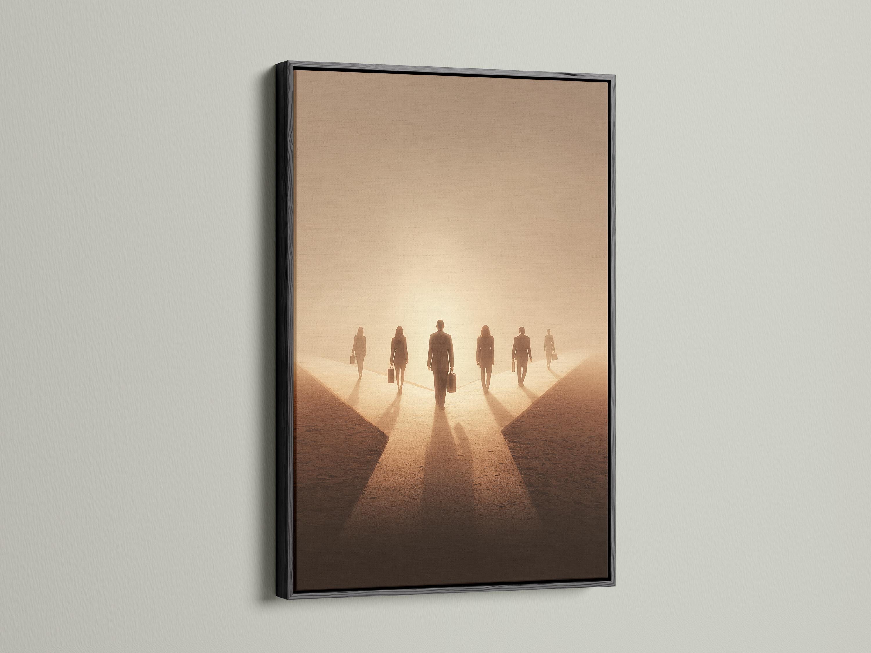 A sepia-toned scene shows a group of business silhouettes walking down a narrowing path with long shadows and a glowing haze detail view