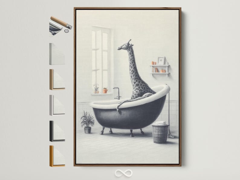 Black-and-white illustration of a giraffe standing in a bathtub in a pale bathroom scene