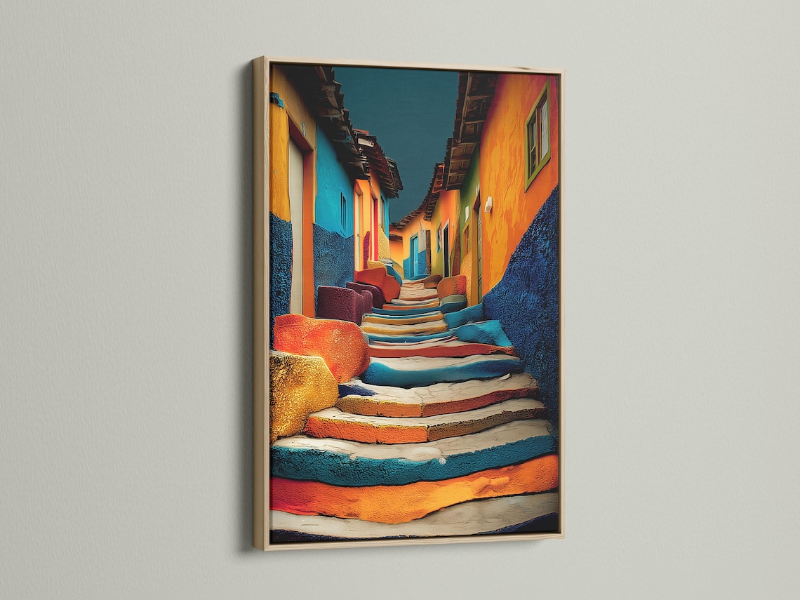 A vivid alleyway cityscape shows tall buildings in bright orange, cyan and blue, receding into a dark centre with textured, painterly shading detail