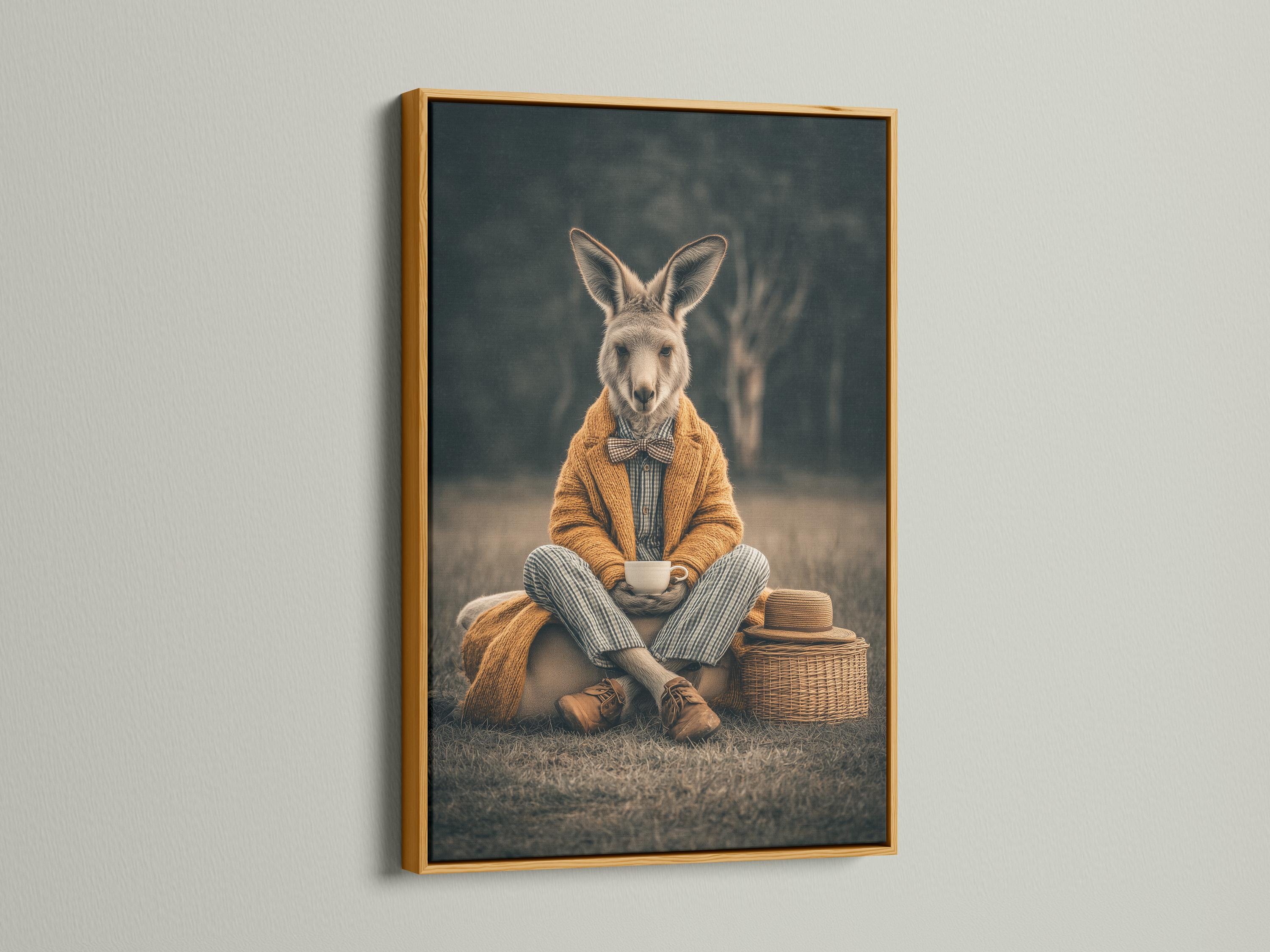 Framed kangaroo gentleman portrait artwork mockup on a light background with frame options