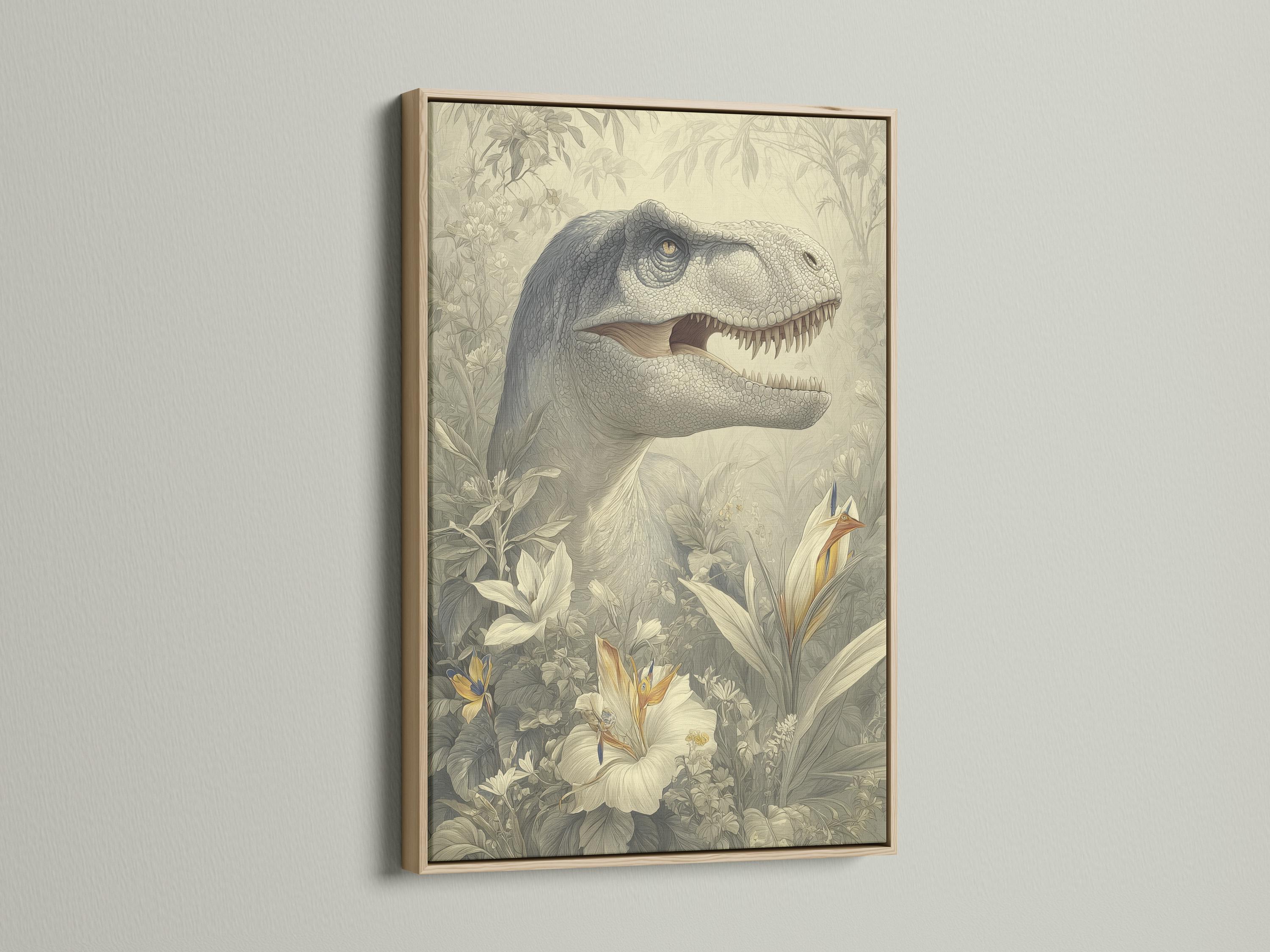 Woman standing in a room next to a framed dinosaur and botanical illustration on the wall