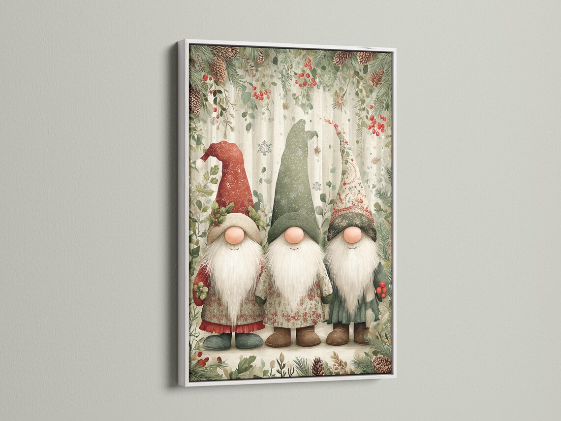 Three winter gnomes with long white beards standing in a festive evergreen scene detail view
