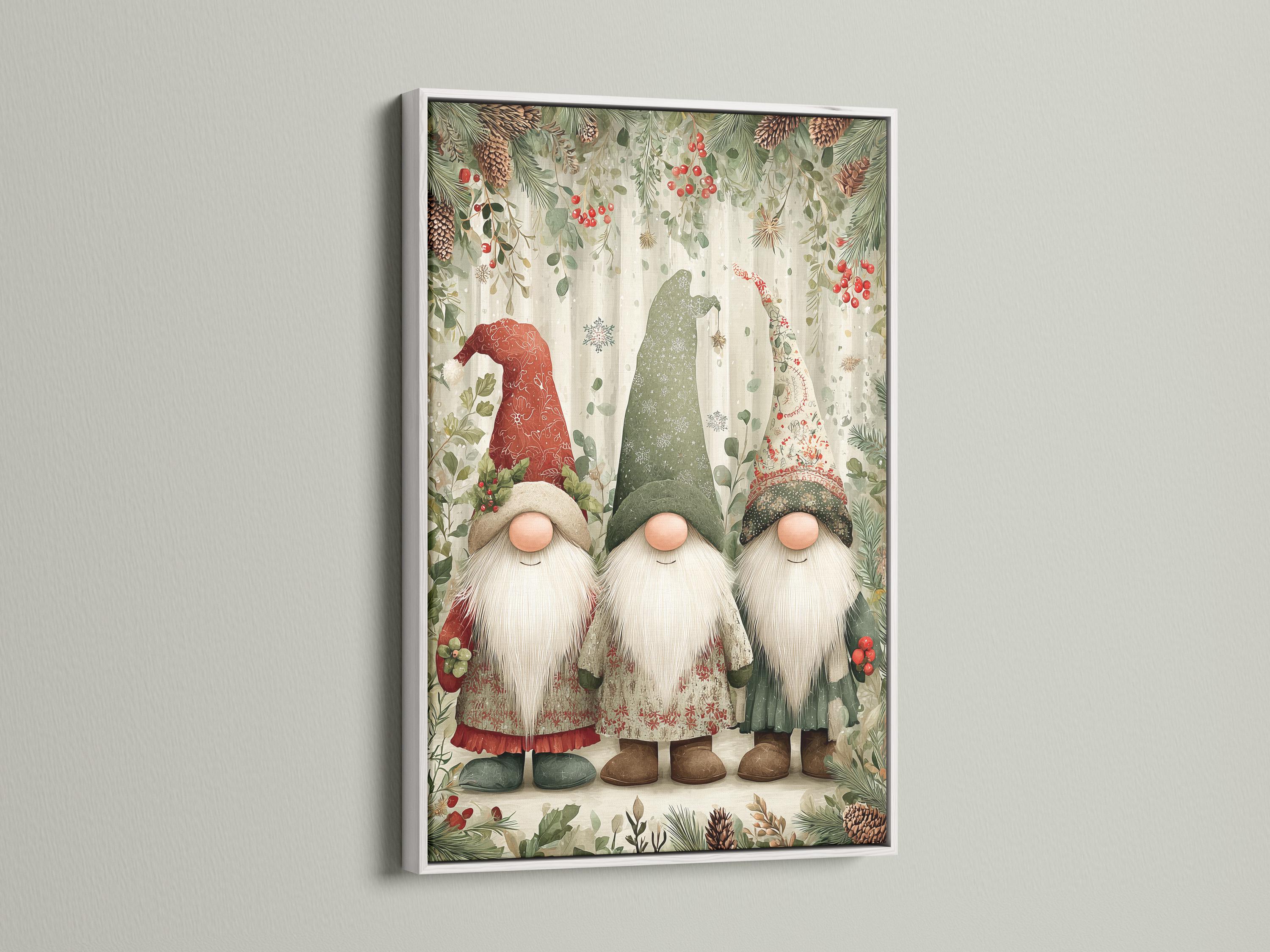 Three winter gnomes with long white beards standing in a festive evergreen scene detail view