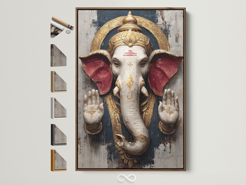Stylised elephant-headed deity figure with gold crown and red wing-like shapes on a textured charcoal background