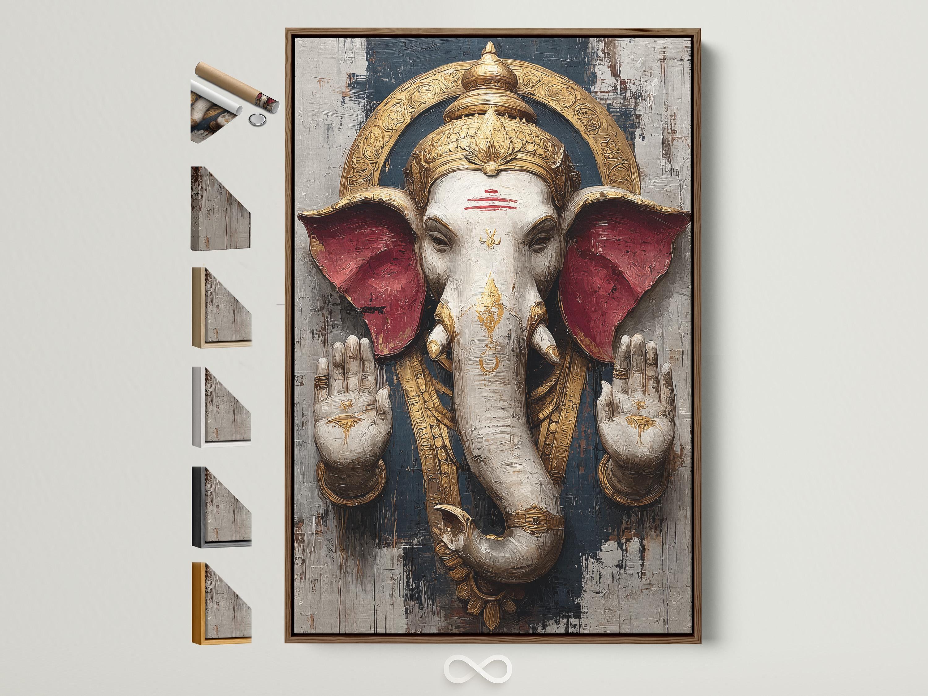 Stylised elephant-headed deity figure with gold crown and red wing-like shapes on a textured charcoal background