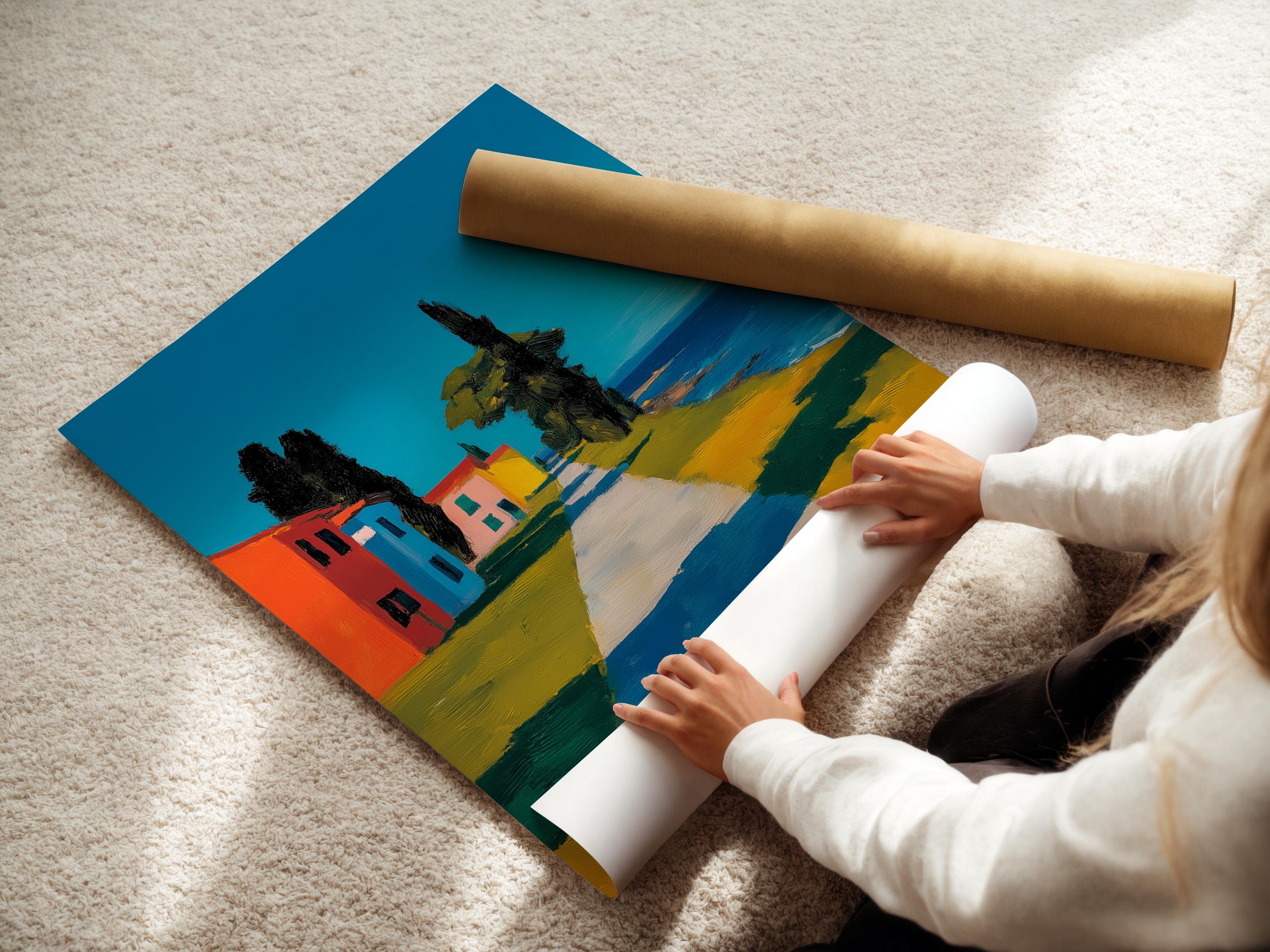 Blue coastal village painting showing colourful houses, a tower and a path leading to the sea detail view