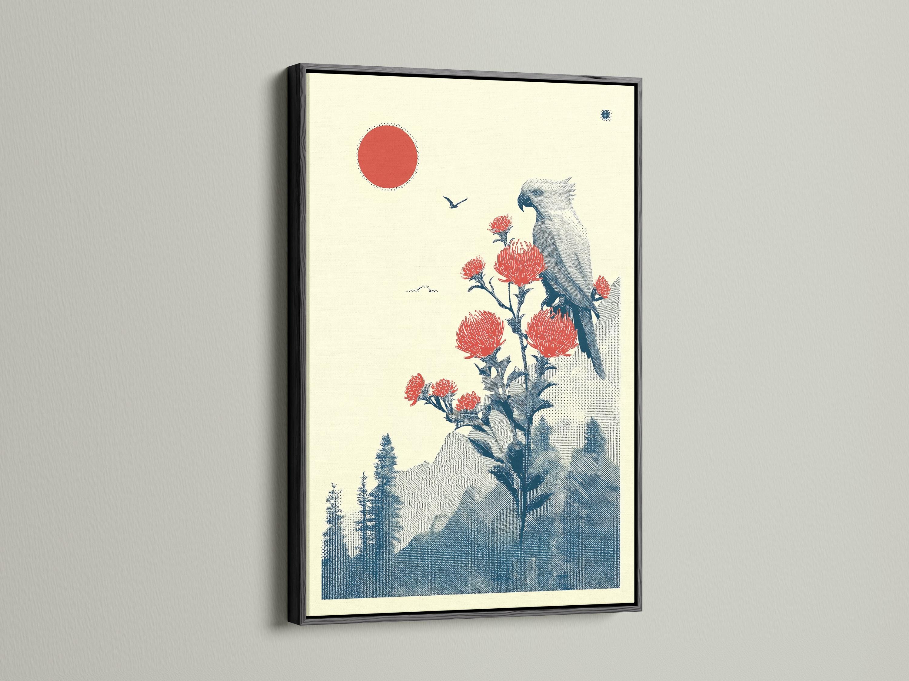 Blue bird perched on a flowering branch with red blossoms, red sun and blue landscape background detail view