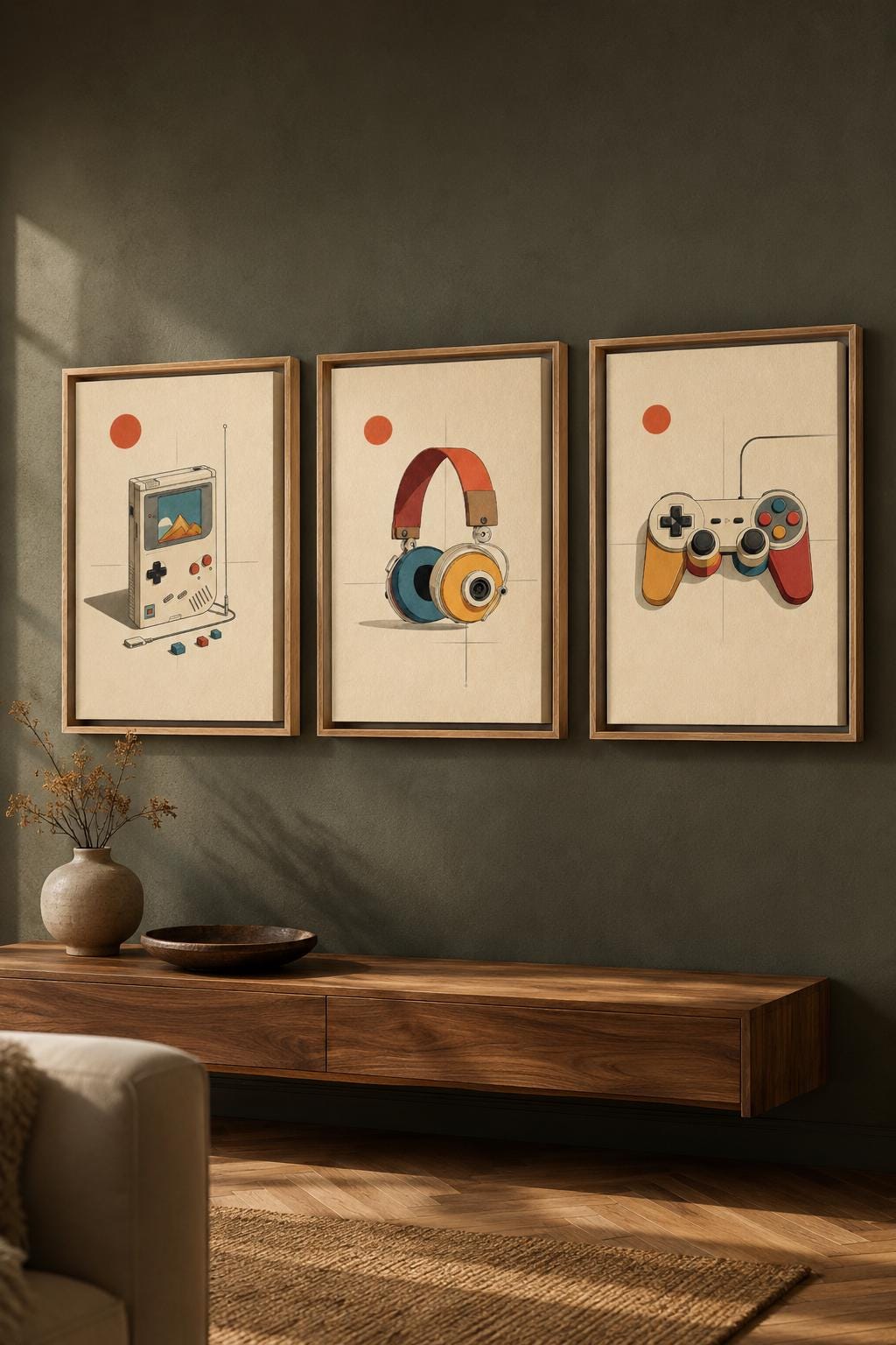 Room mockup with three retro gaming prints on the wall above a sofa