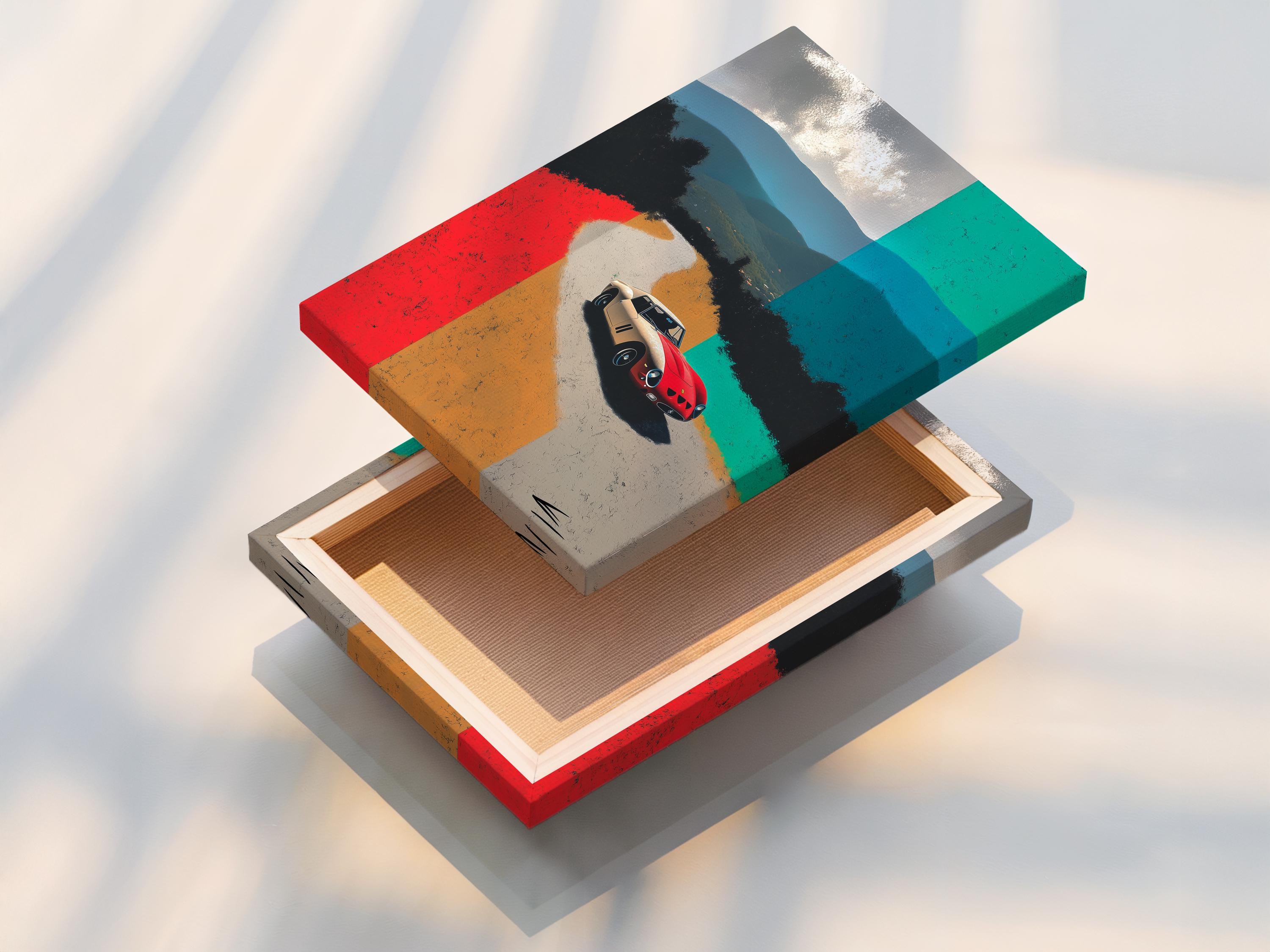 Classic sports car on a pale road with red and teal geometric background blocks detail view