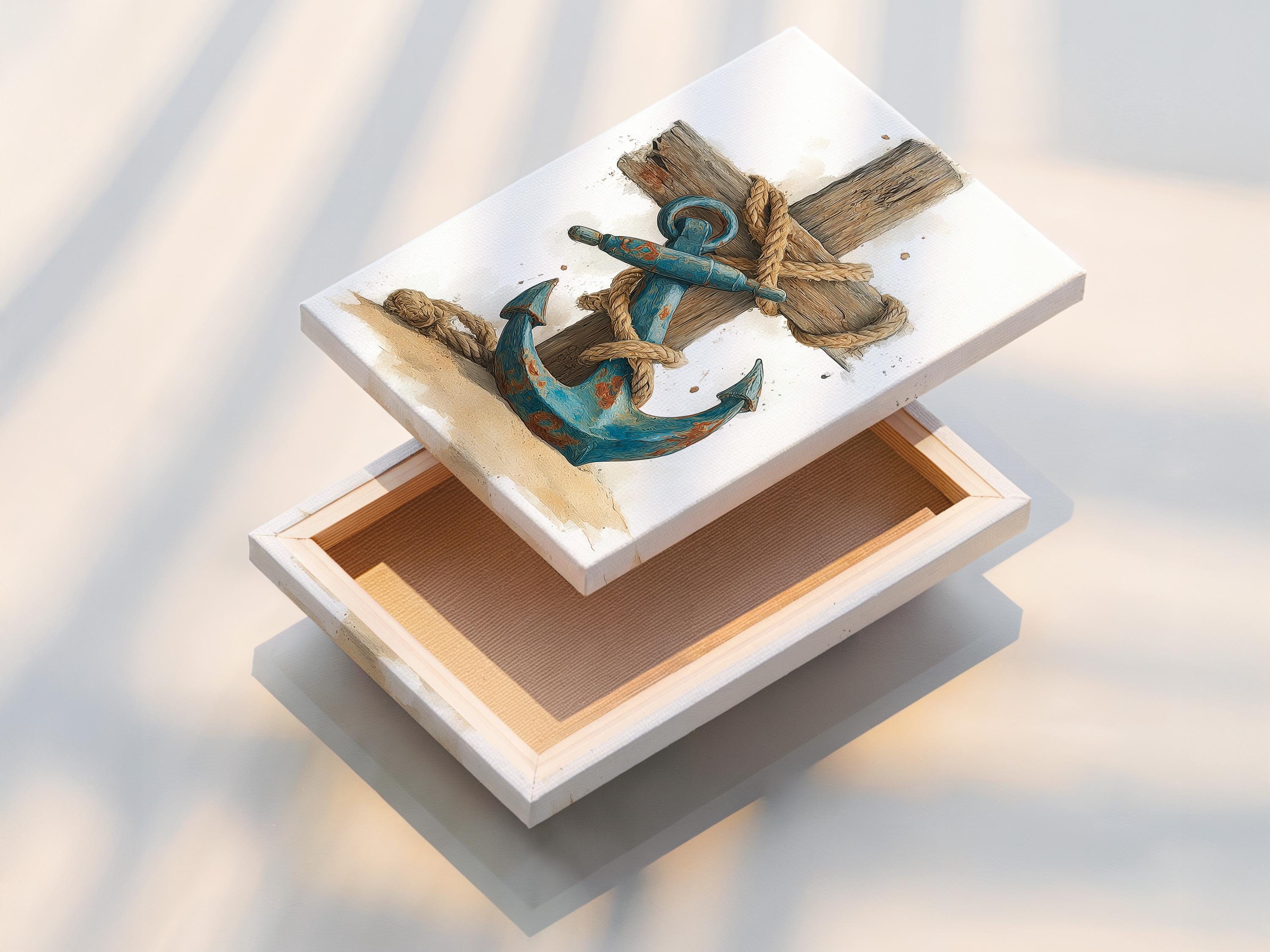 A distressed nautical illustration shows a large rope-wrapped wooden cross/anchor shape with a coiled blue rope motif and seabed tones against a pale