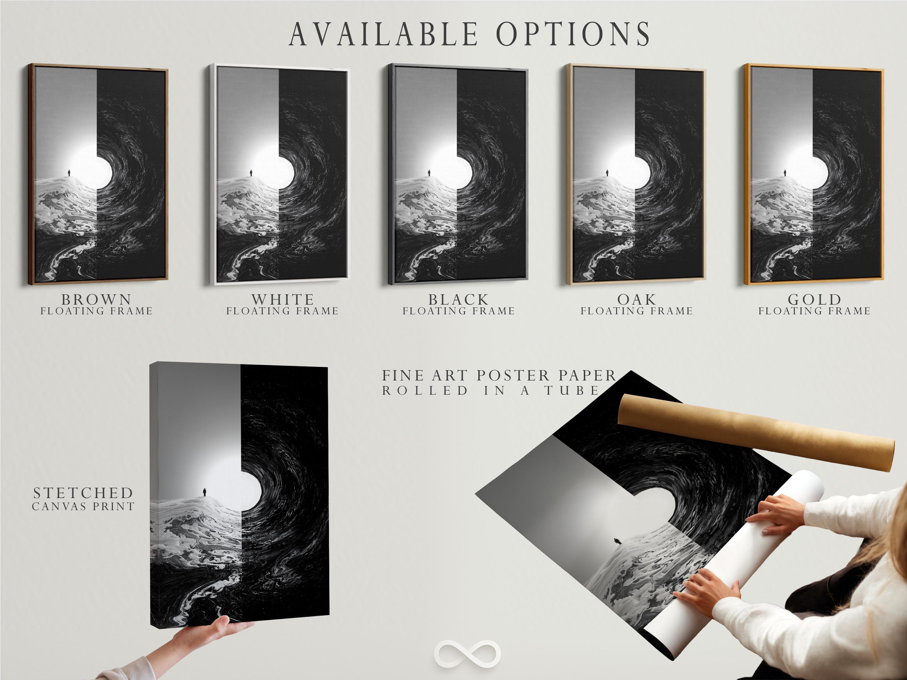 Room mockup showing monochrome framed artwork with a small standing figure and swirling black area