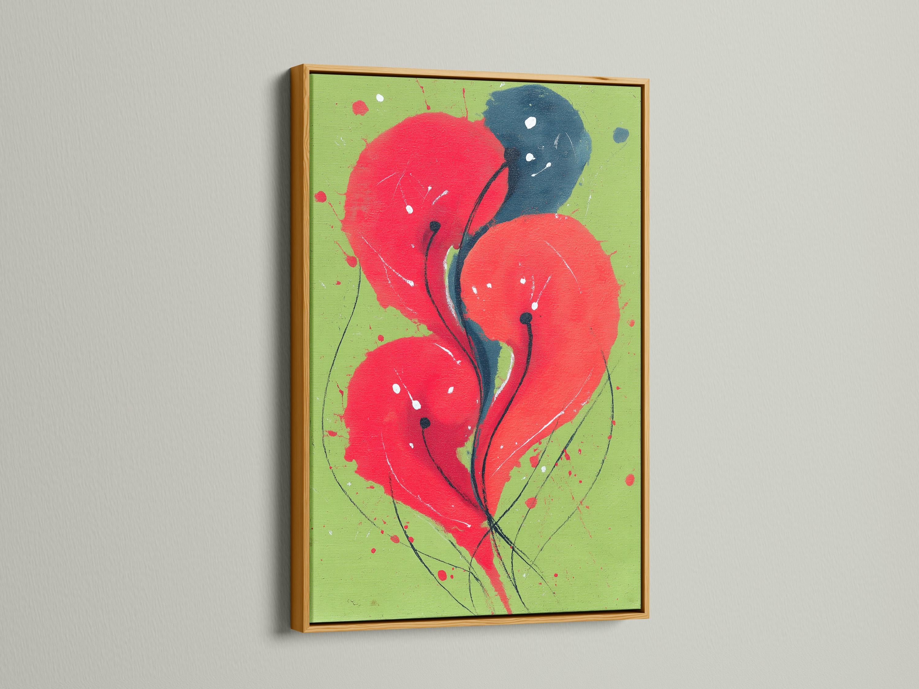 Abstract floral artwork with red blooms and deep blue petals on a lime green background detail view
