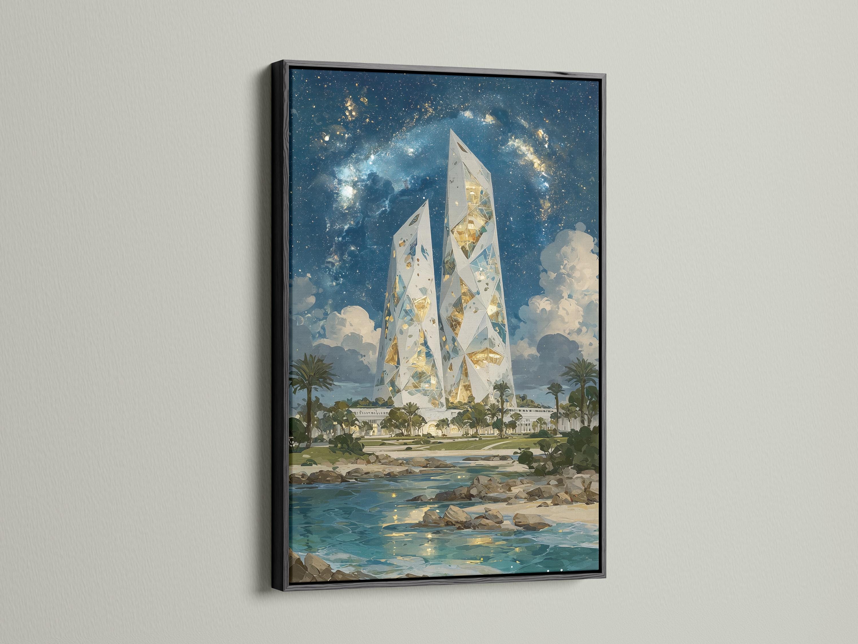 Wall mockup showing a framed artwork of glowing crystal towers over a starry night coastline