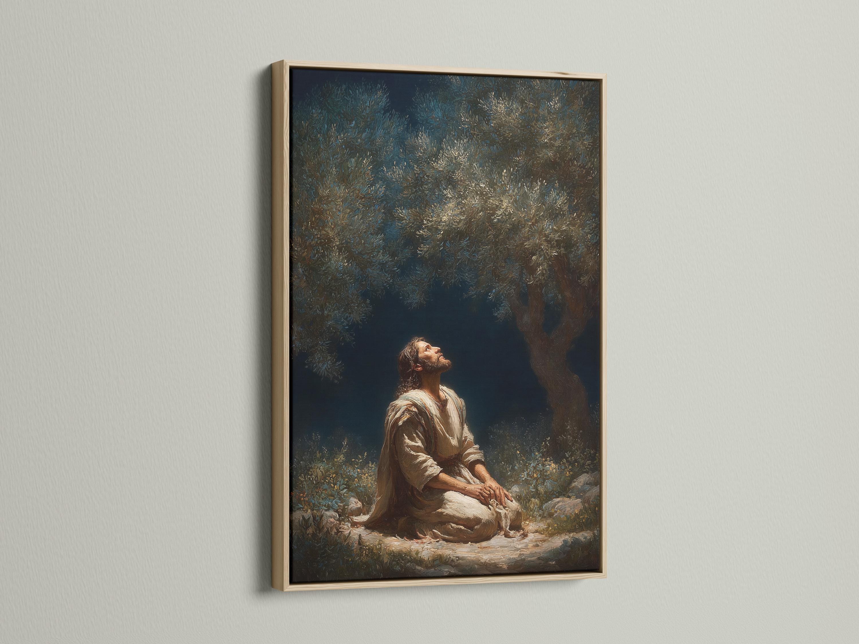 Praying figure beneath an olive-like tree with dense foliage and a deep navy background detail view