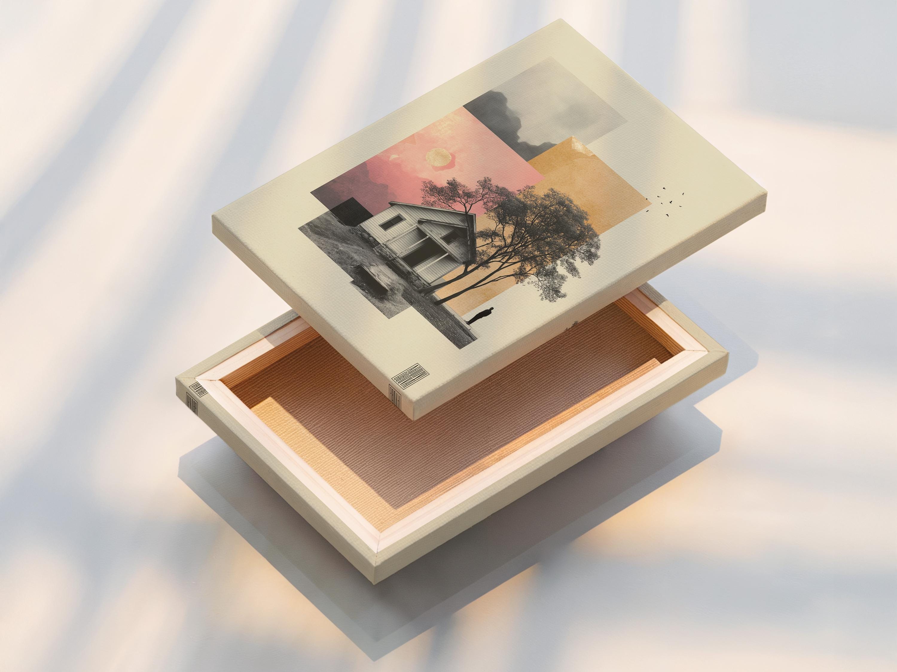 Portrait framed artwork mockup showing a small house and tree silhouettes on beige and pink layered background