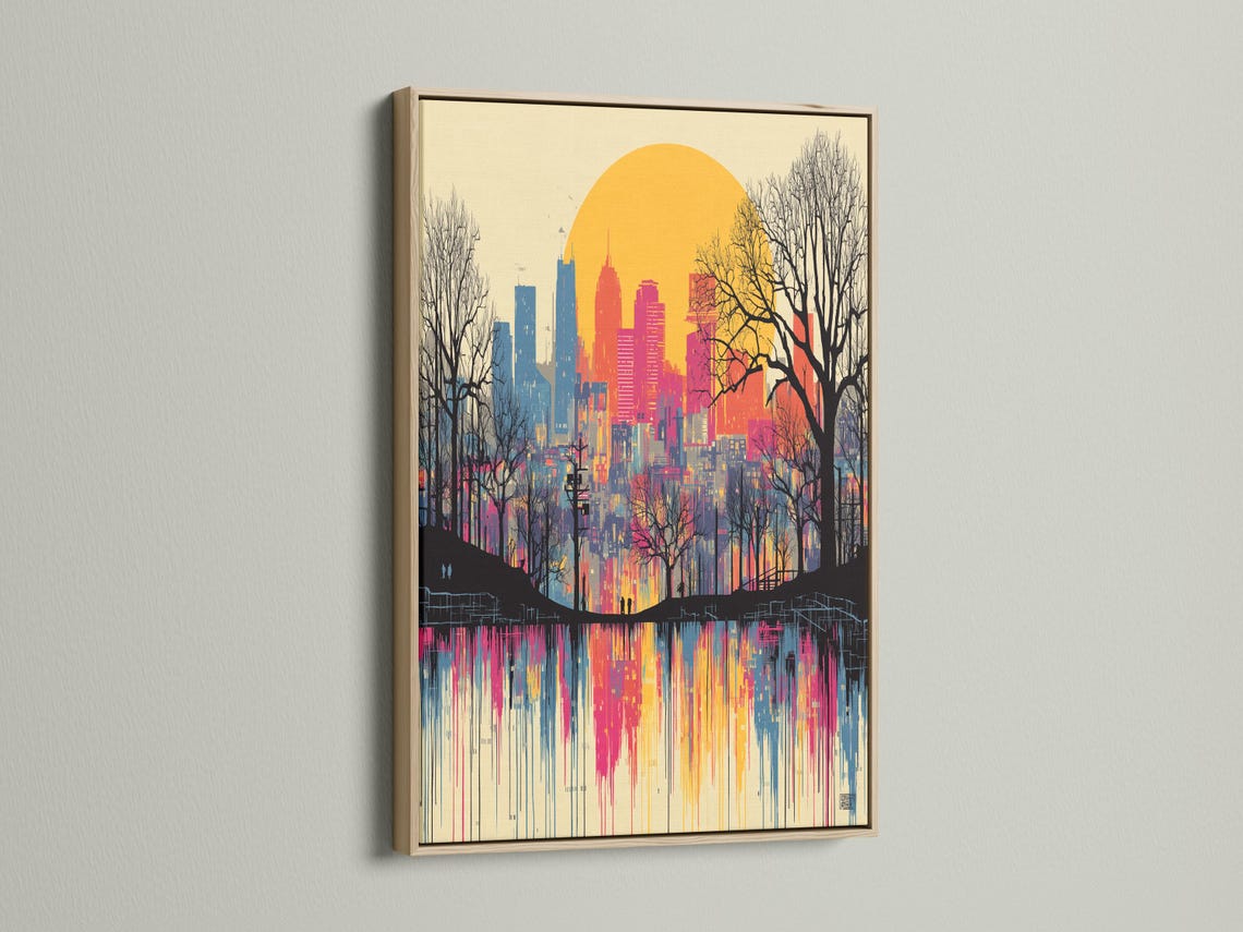 Sunset city skyline artwork in pink and blue with leafless trees and reflective water detail view