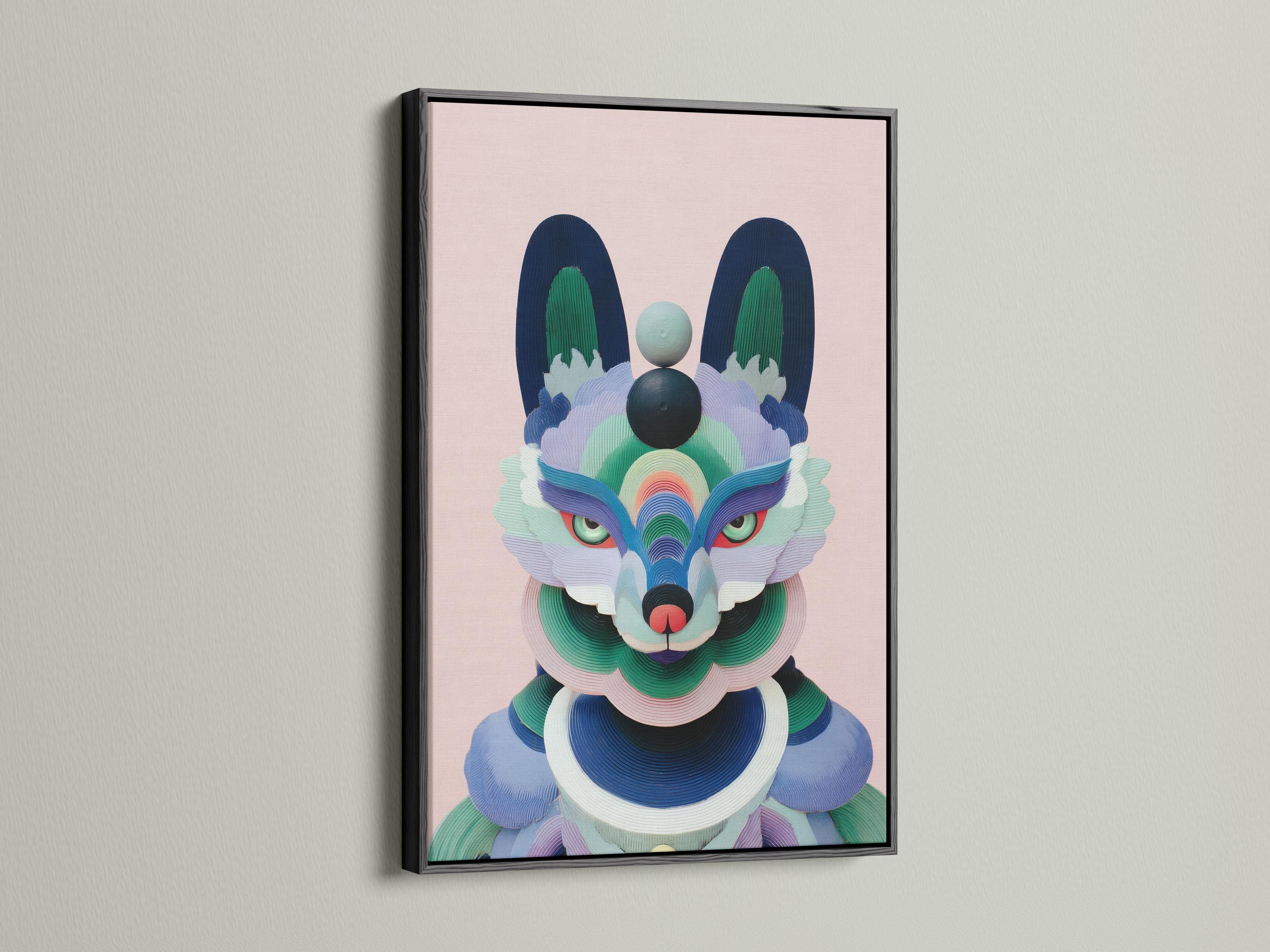 Stylised pastel fox portrait with layered geometric fur shapes on a pink background detail view