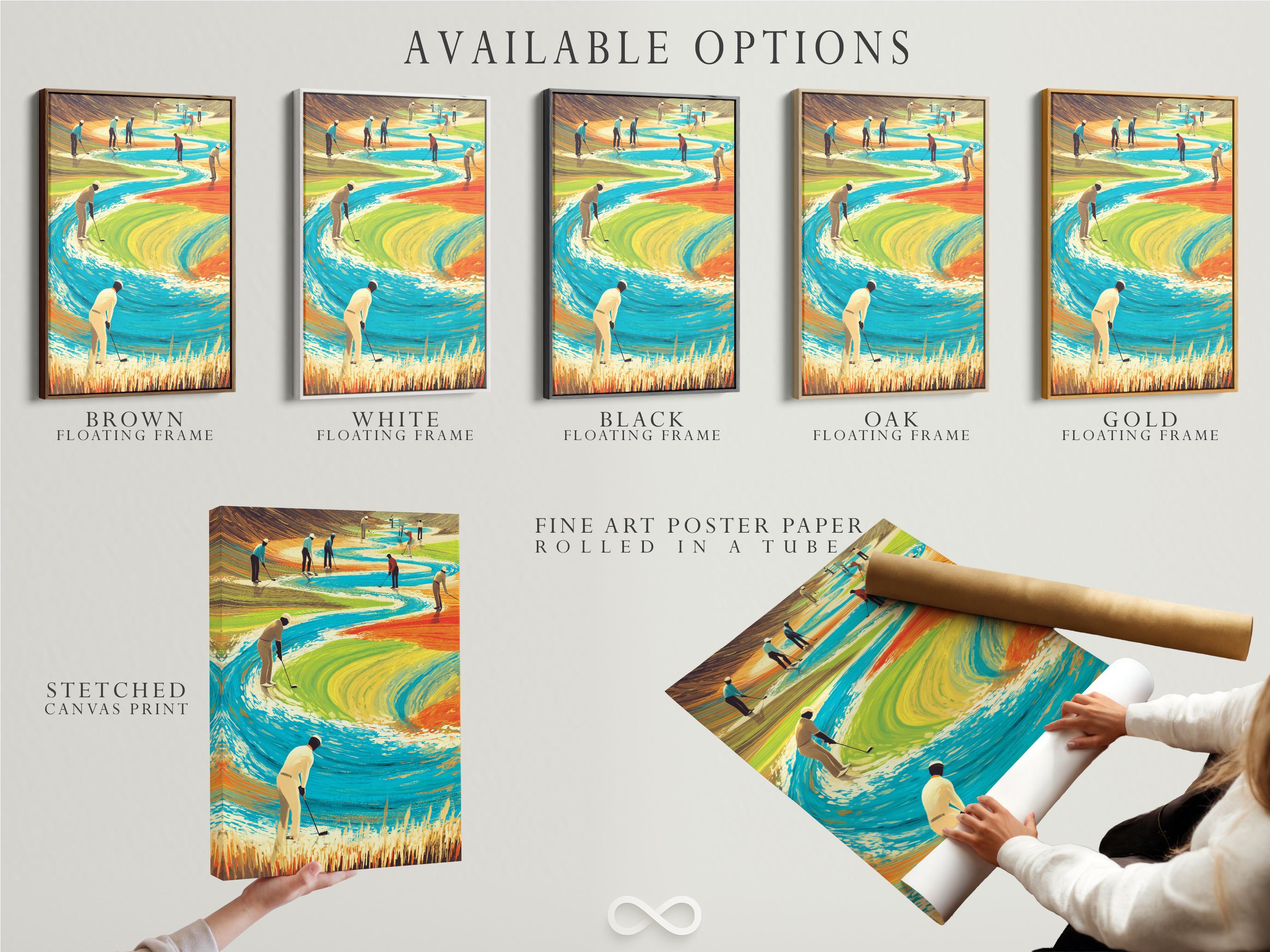 Surreal golf course scene with stylised golfers and a winding blue water channel detail view