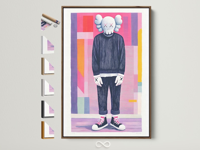 Stylised pop-art figure with white curly hair, X-mark eyes, and bright pink trainers against pink and purple geometric blocks