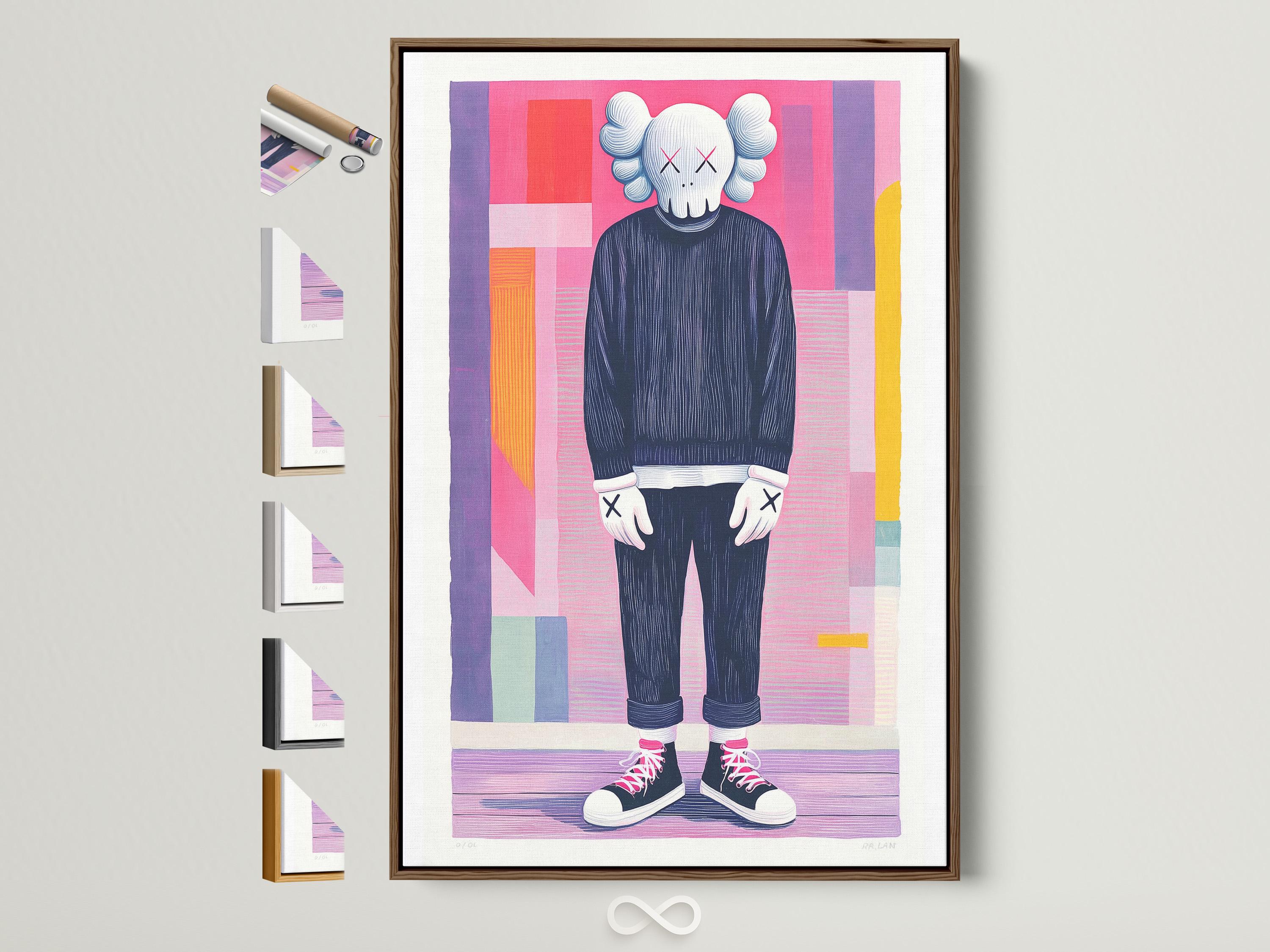 Stylised pop-art figure with white curly hair, X-mark eyes, and bright pink trainers against pink and purple geometric blocks