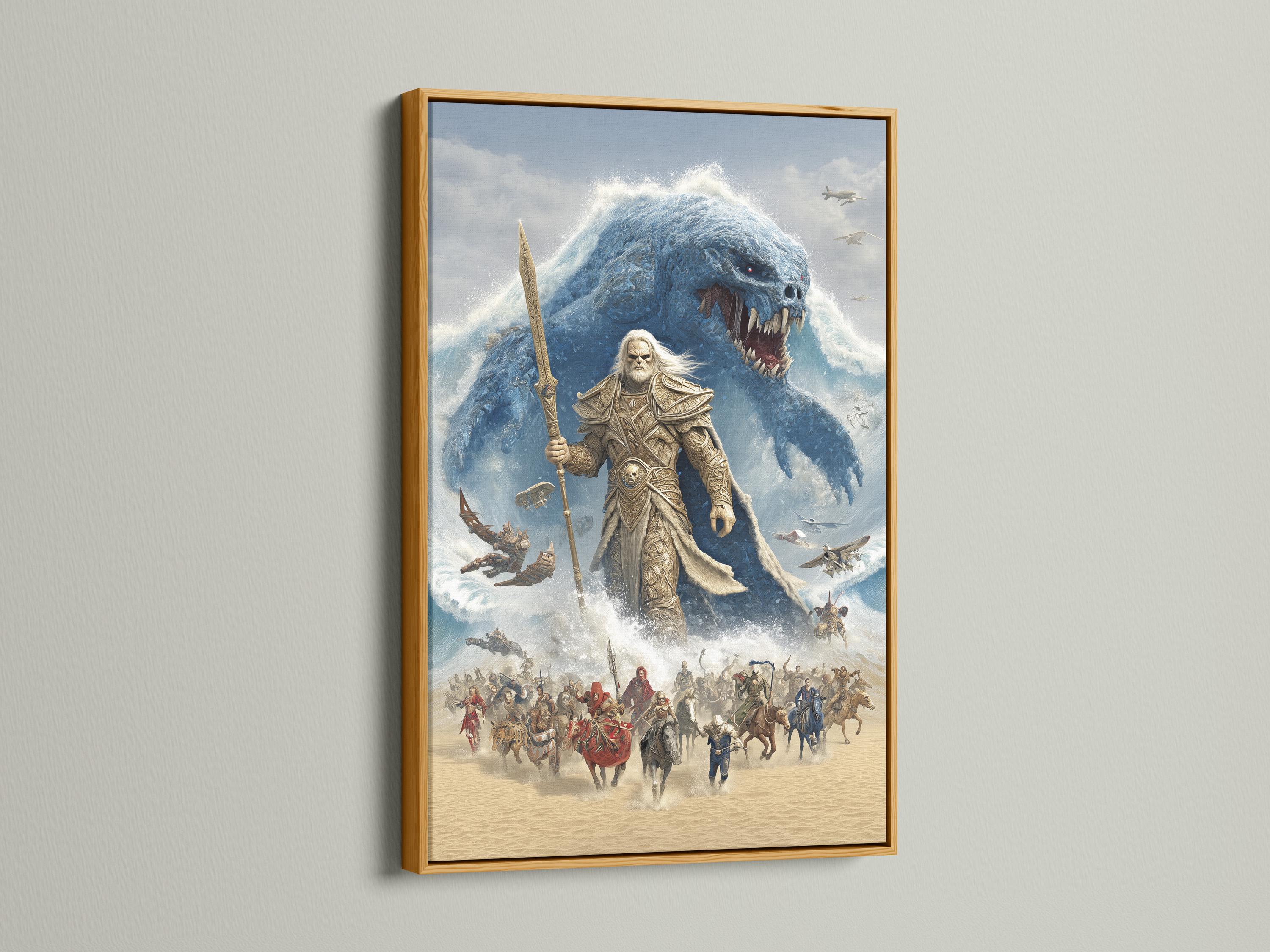 Blue sea monster lunging at a spear-wielding warrior in a stormy fantasy battle scene detail view