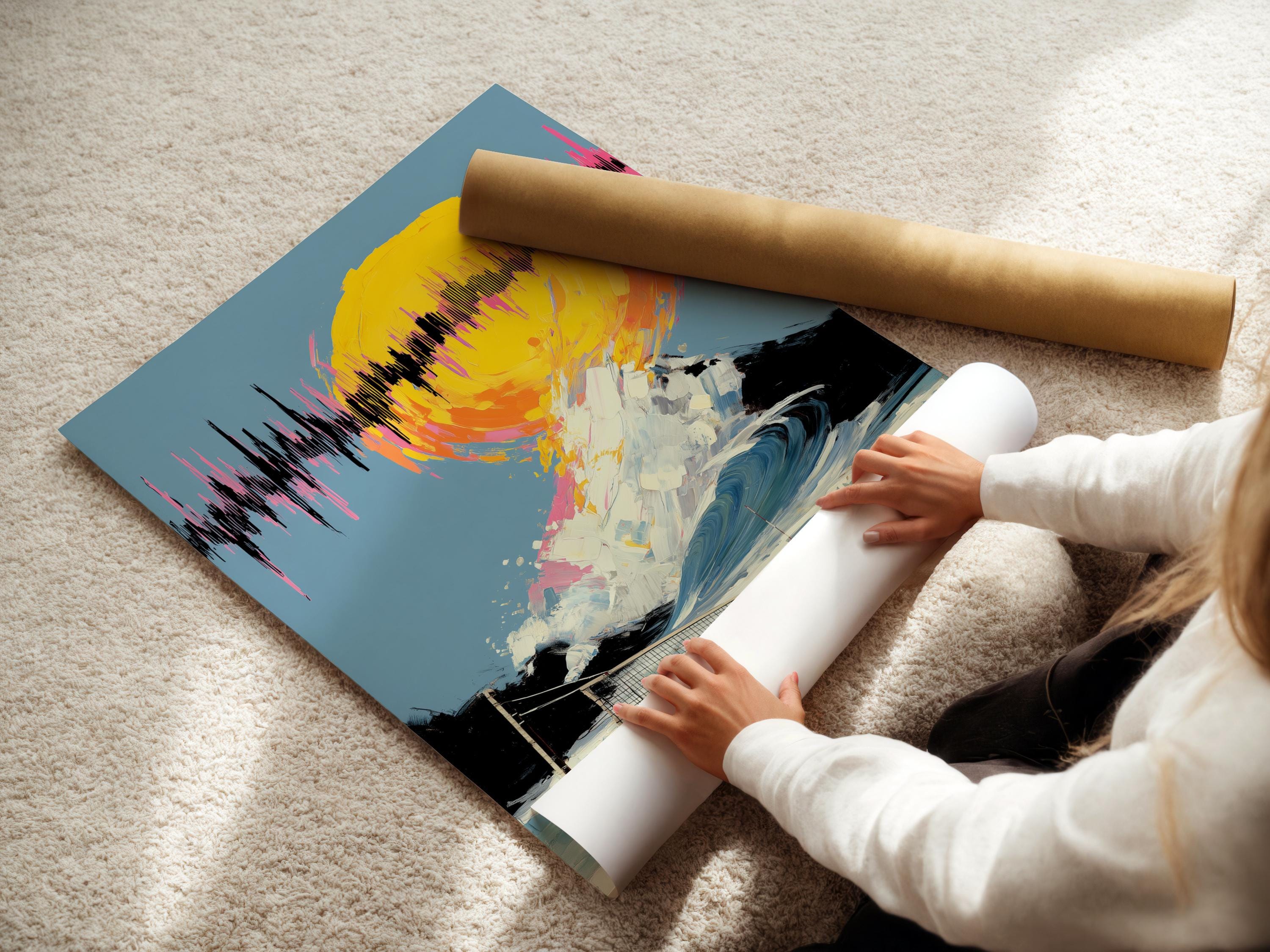 Mockup showing framed artwork featuring surreal beach volleyball and a neon sunset wave