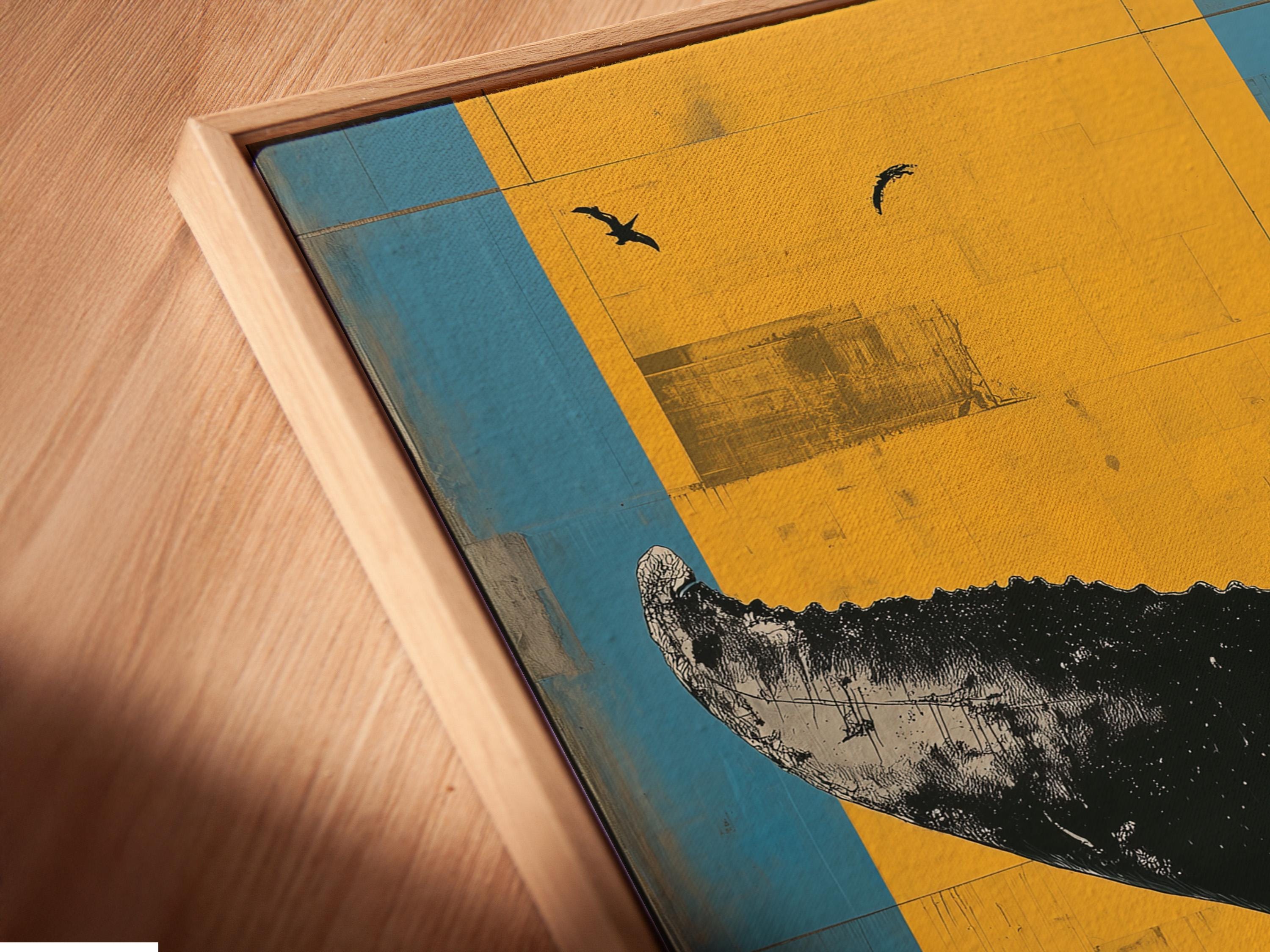 Room mockup showing framed whale tail ocean artwork above a sofa by windows