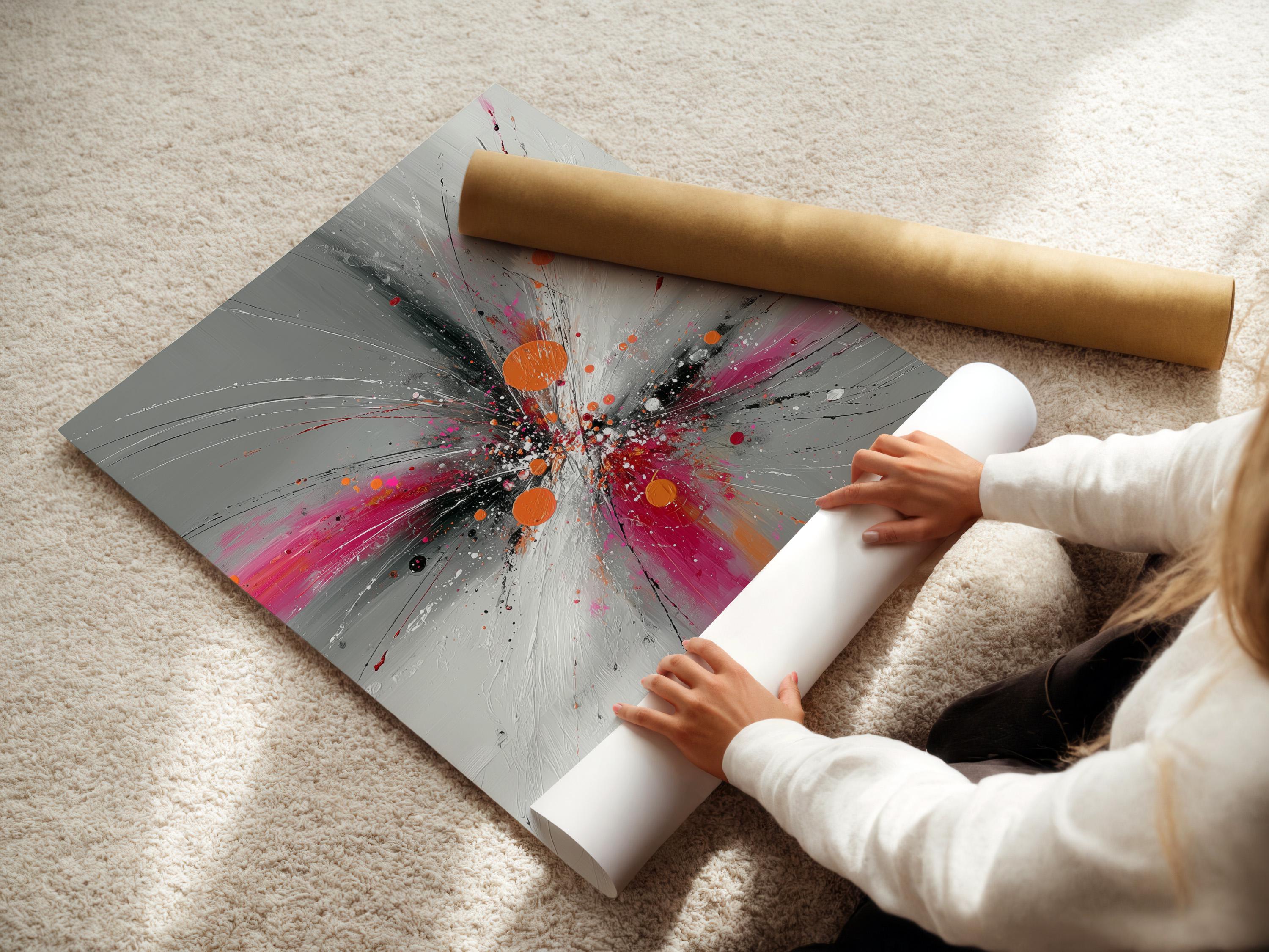 Abstract burst artwork with radiating grey and white lines, pink splashes and orange circular accents detail view
