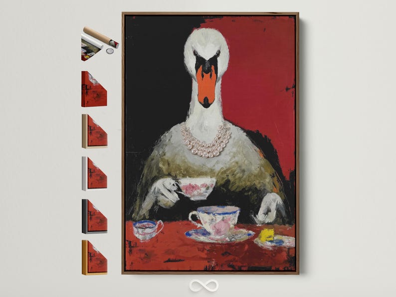 Stylised swan portrait in red and black with a pearl-like necklace