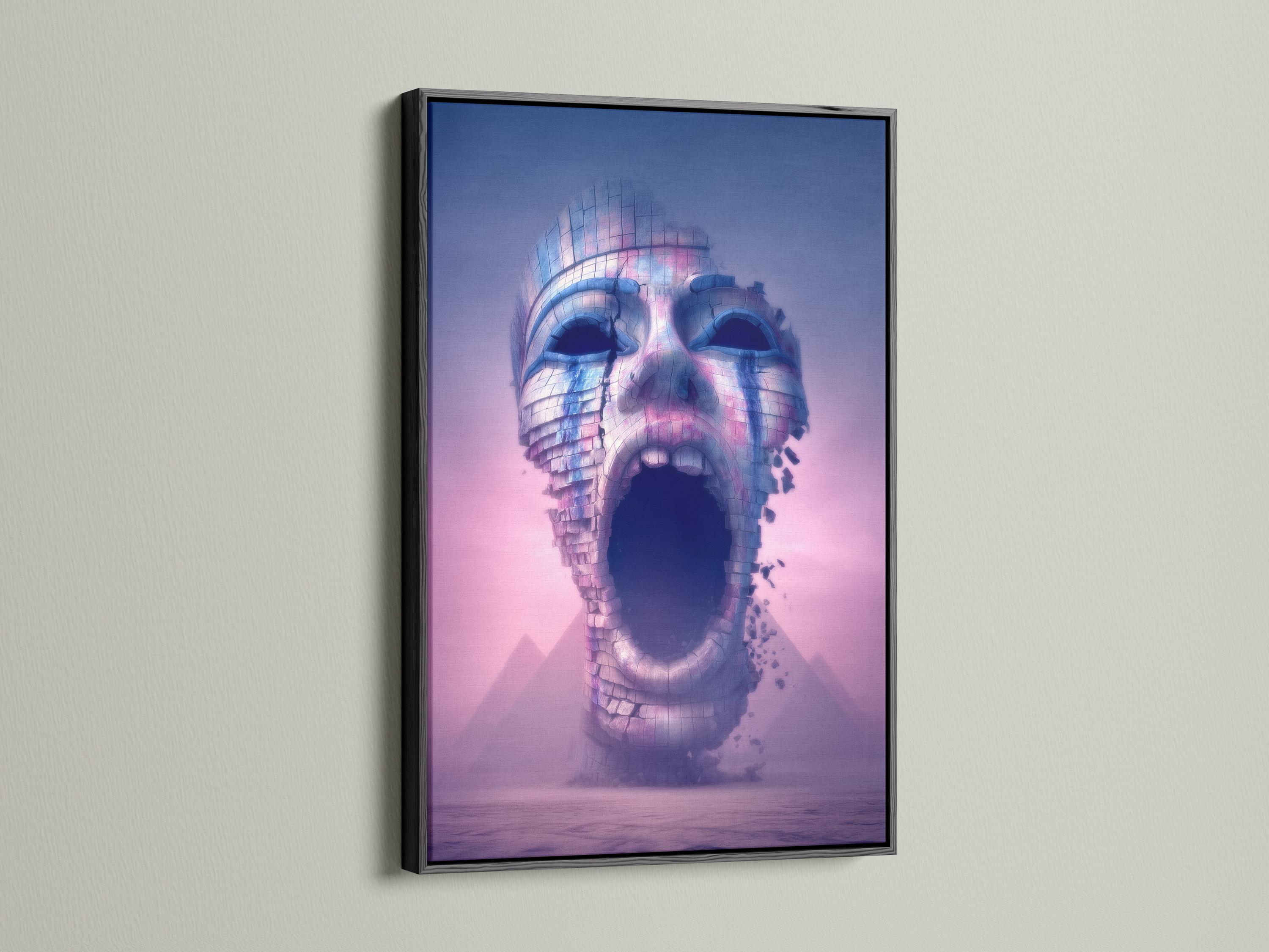 Portrait artwork of a surreal textured face in blue and pink-violet tones displayed in a mockup